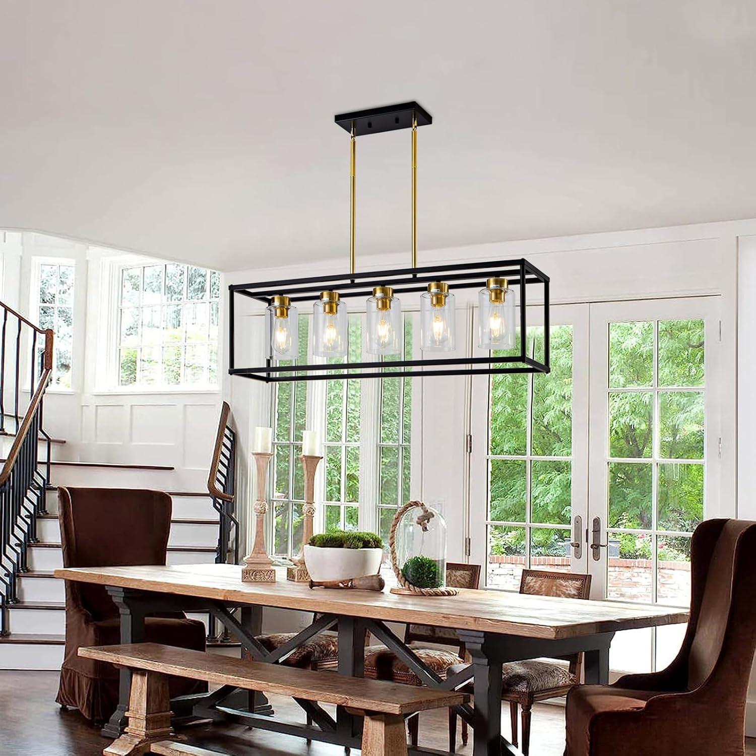 Modern Black and Brass 5-Light Island Chandelier with Glass Shades