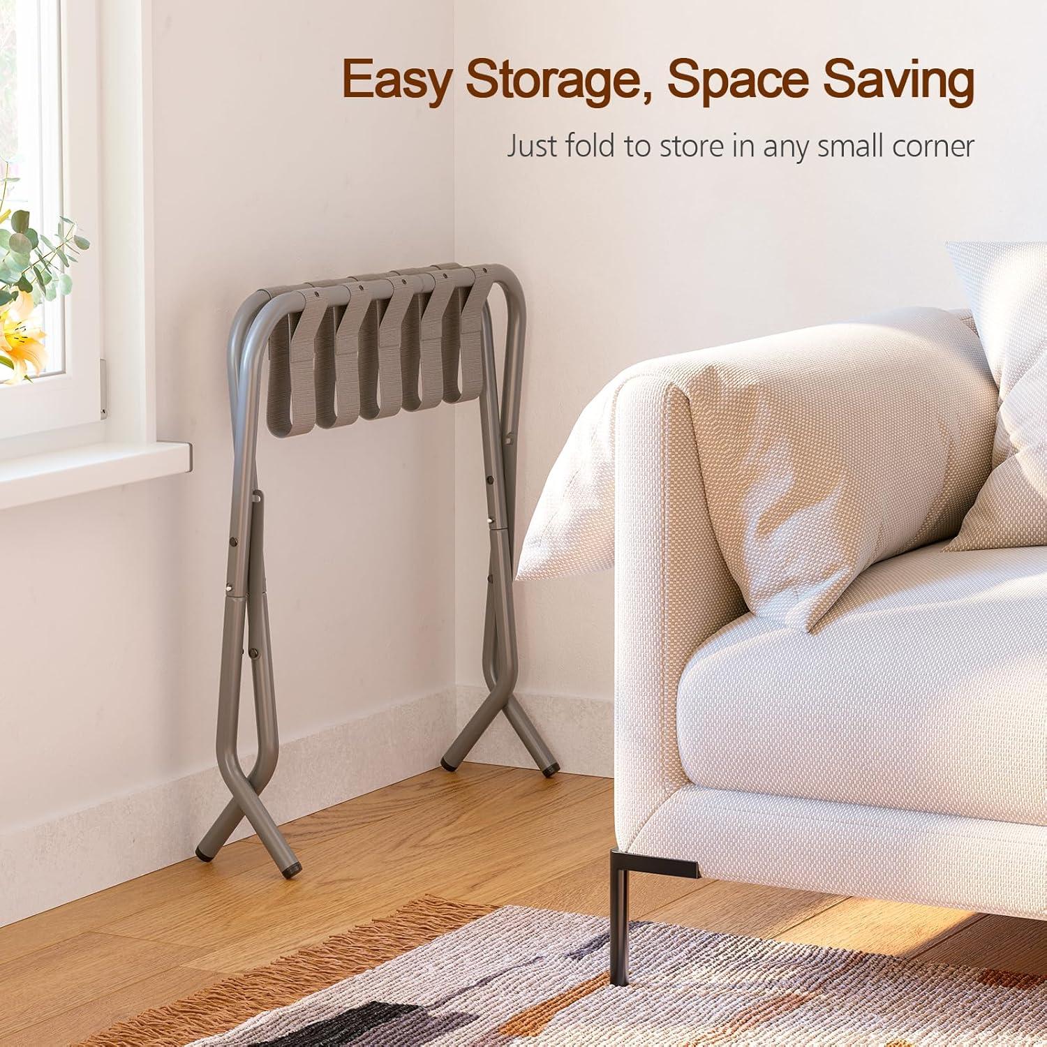 BINO 2-Pack Folding Luggage Rack Collapsible Metal Suitcase Stand With Durable Black Nylon Straps- For Bedroom, Guest Room, Or Hotel (Gray Steel)