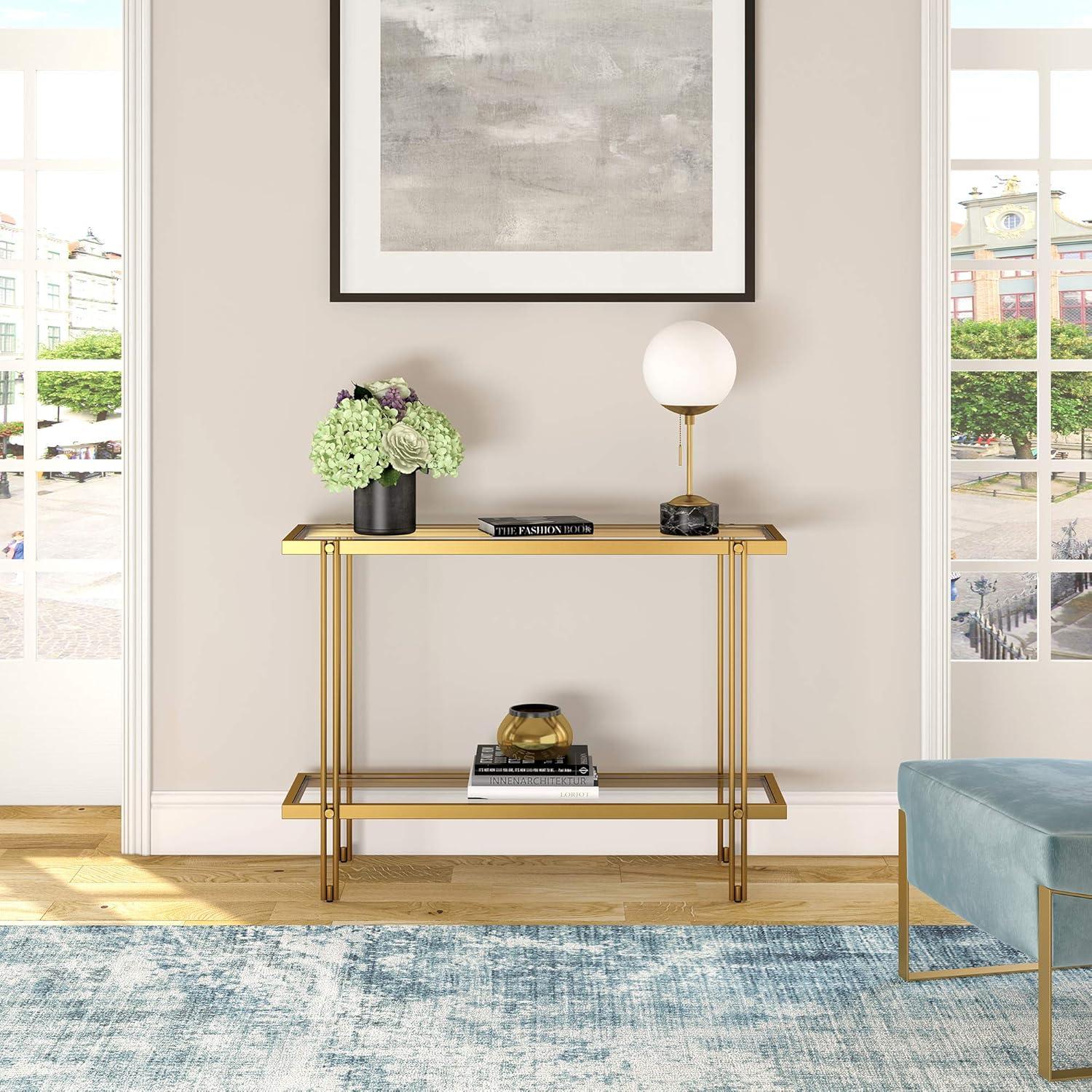 Modern Brass Finish Rectangular Coffee Table with Glass Storage Shelf