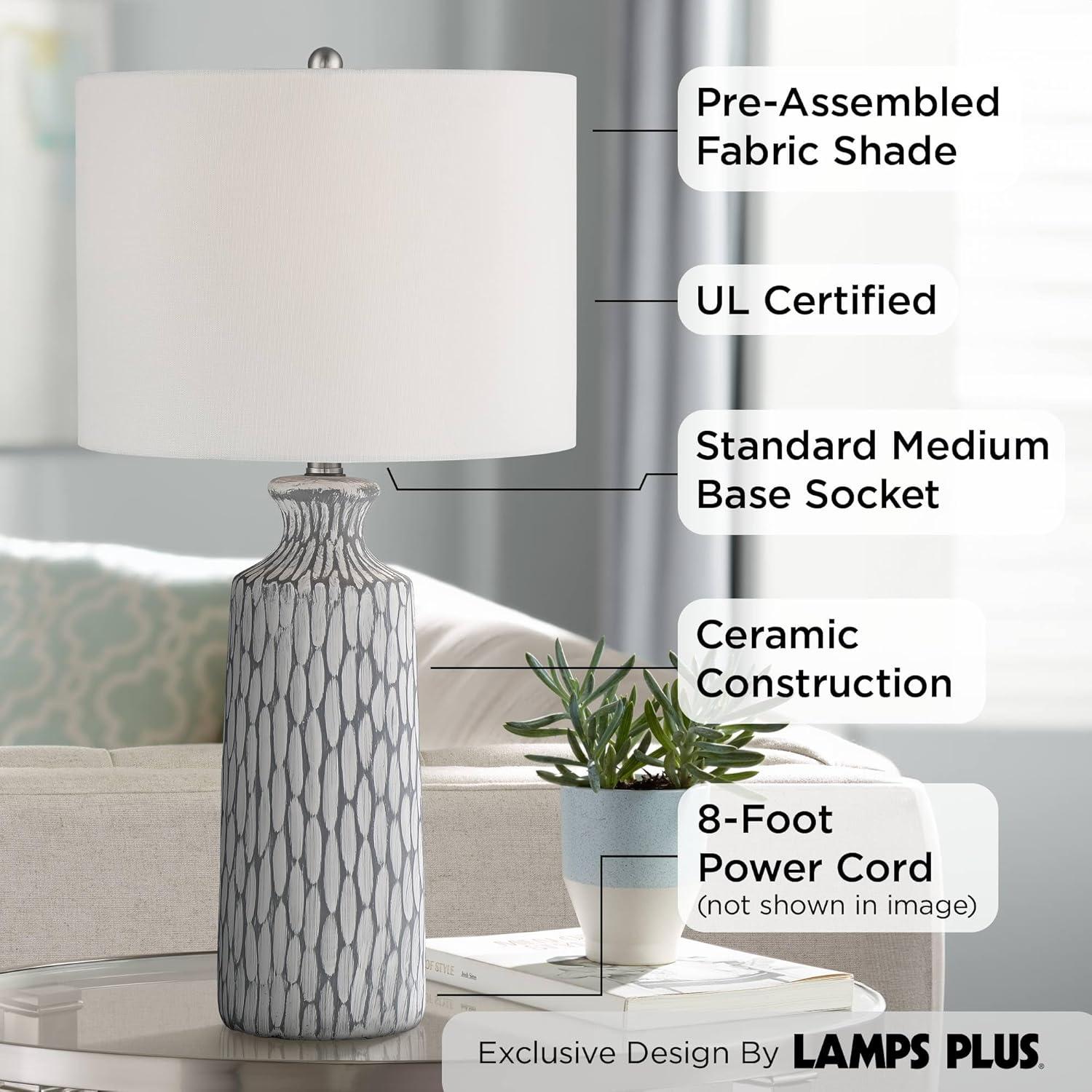 360 Lighting Patrick Modern Coastal Table Lamp 26 1/4" High Gray White Wash Geometric Ceramic Drum Fabric Shade for Bedroom Living Room Bedside Office