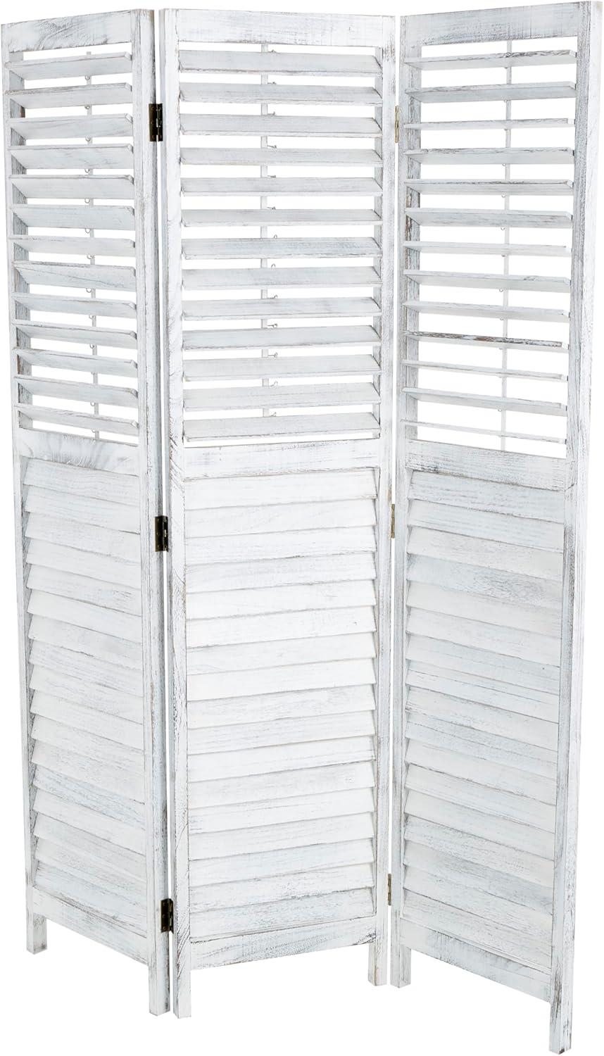 Deco 79 Wood Partition Room Divider Screen Washed Shutter Top 3 Panel Privacy Screen with Gray Distressing, Room Partition 47" x 1" x 67", White