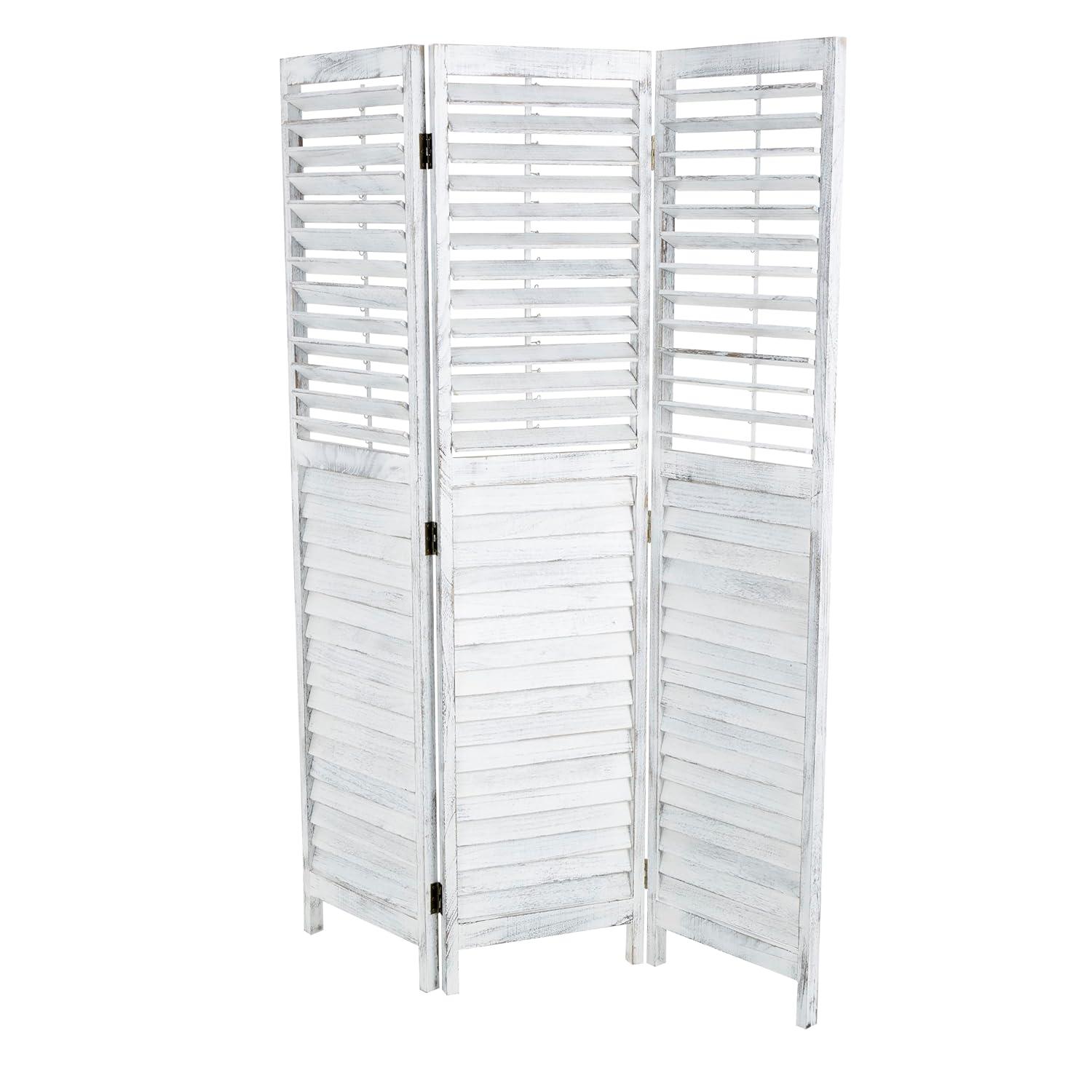 Deco 79 Wood Partition Room Divider Screen Washed Shutter Top 3 Panel Privacy Screen with Gray Distressing, Room Partition 47" x 1" x 67", White