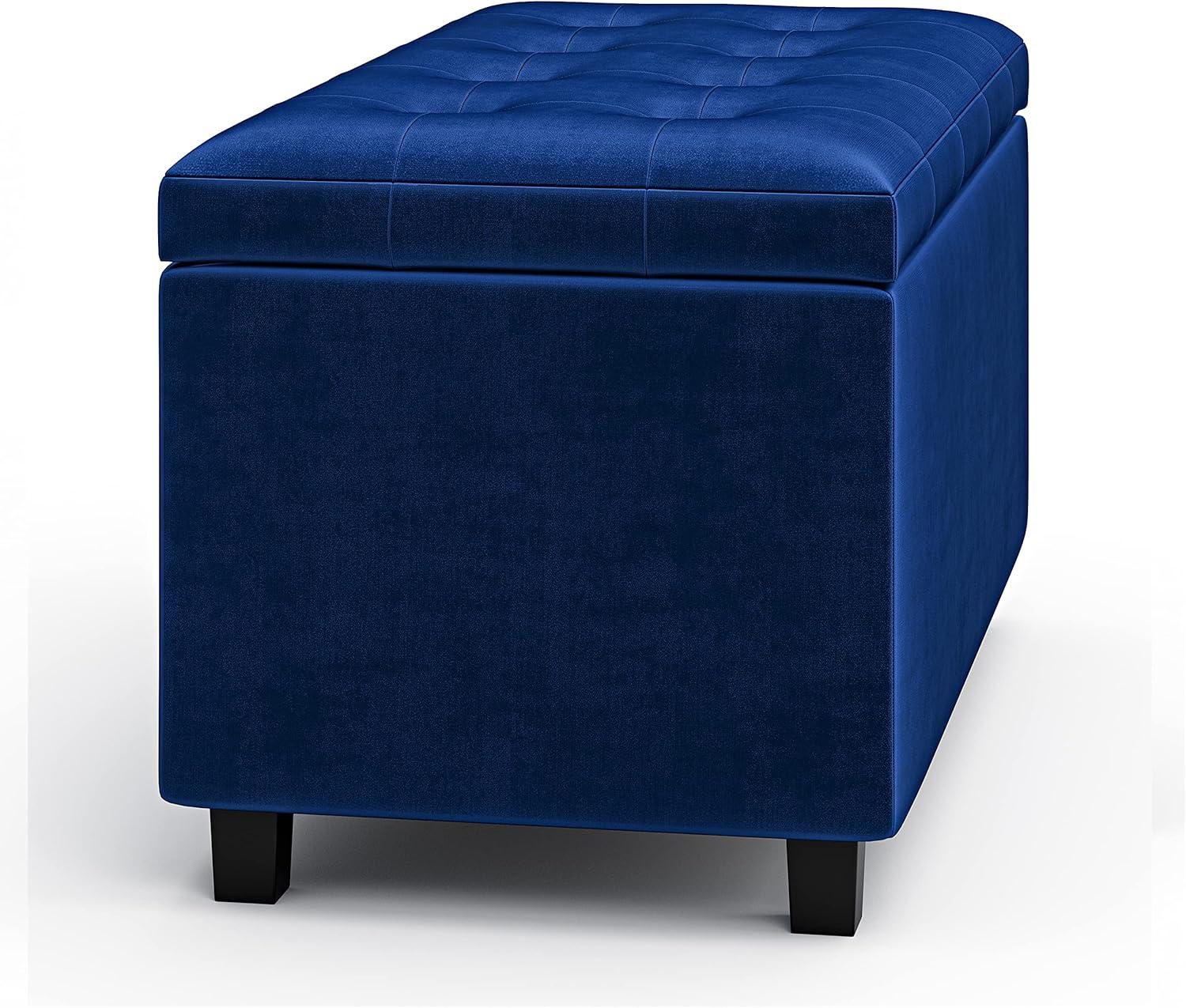 Blue Velvet Tufted Storage Ottoman with Solid Wood Frame