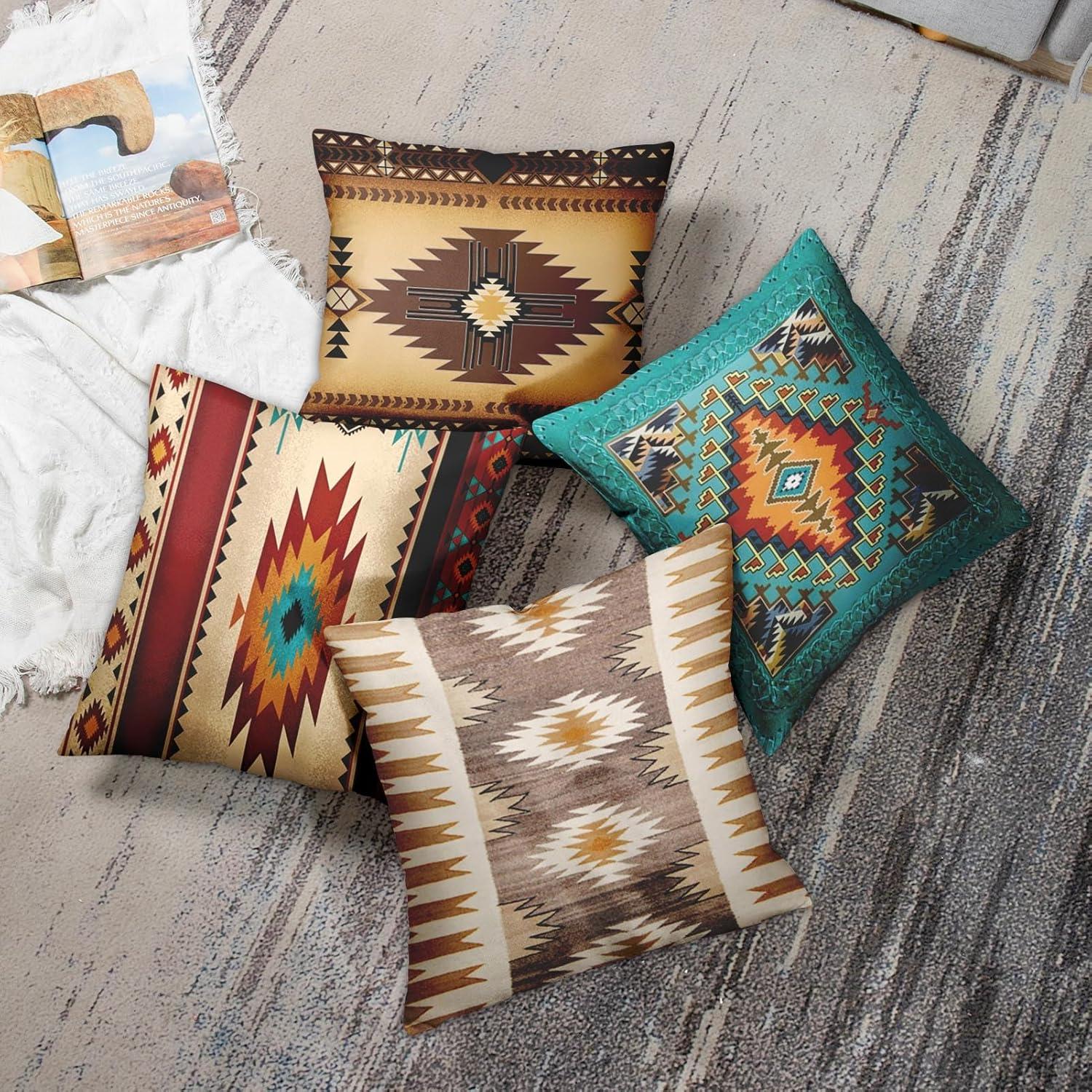 Set of 4 Throw Pillow Covers Tribal Western Geometric Colorful Nature Color Patterns Turquoise Orange Decorative Pillow Cases Home Decor Square 20x20 Inches Pillowcases