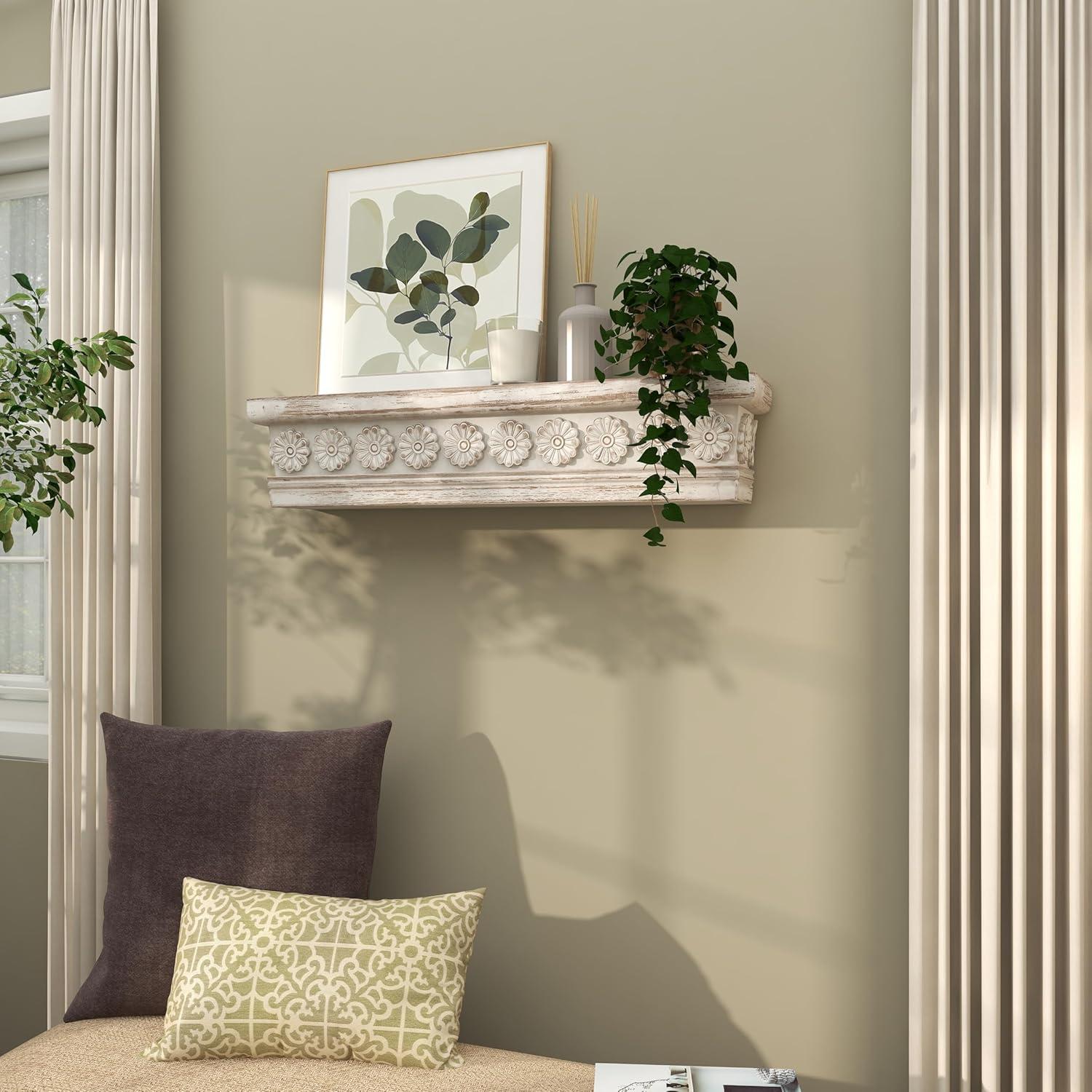 DecMode 28" x 5" Intricate Carved 1-Tier White Floral Wall Shelf