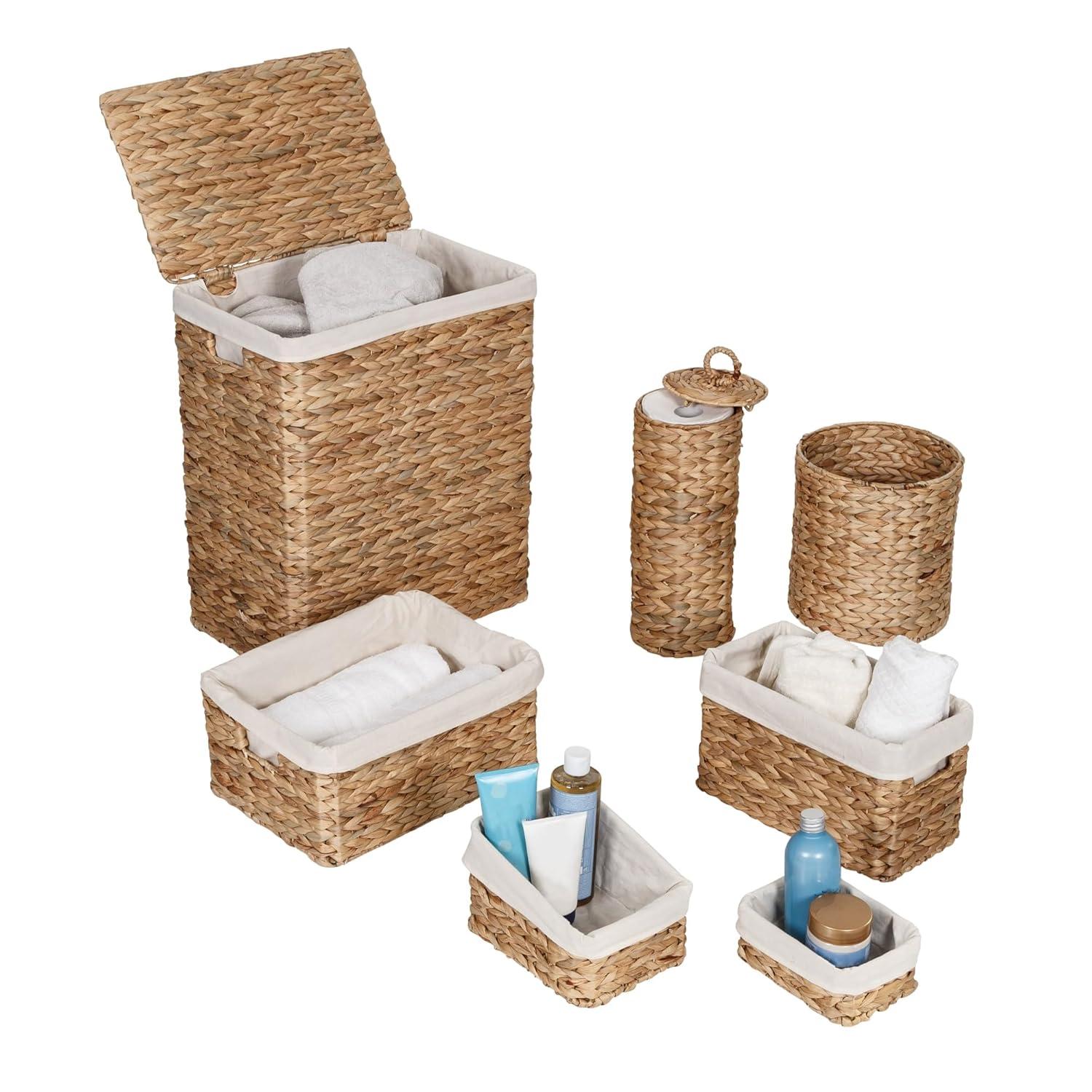 Honey-Can-Do Water Hyacinth Wicker Laundry Hamper and Bath Storage Basket Set of 7, Natural/White