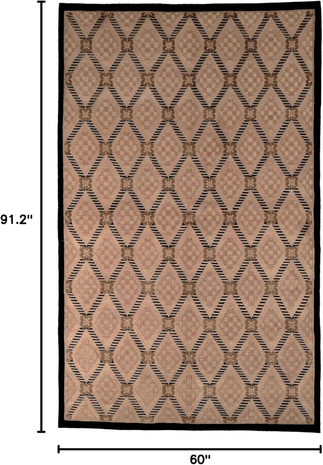 Hand-Knotted Black and Beige Geometric Wool Silk Rug