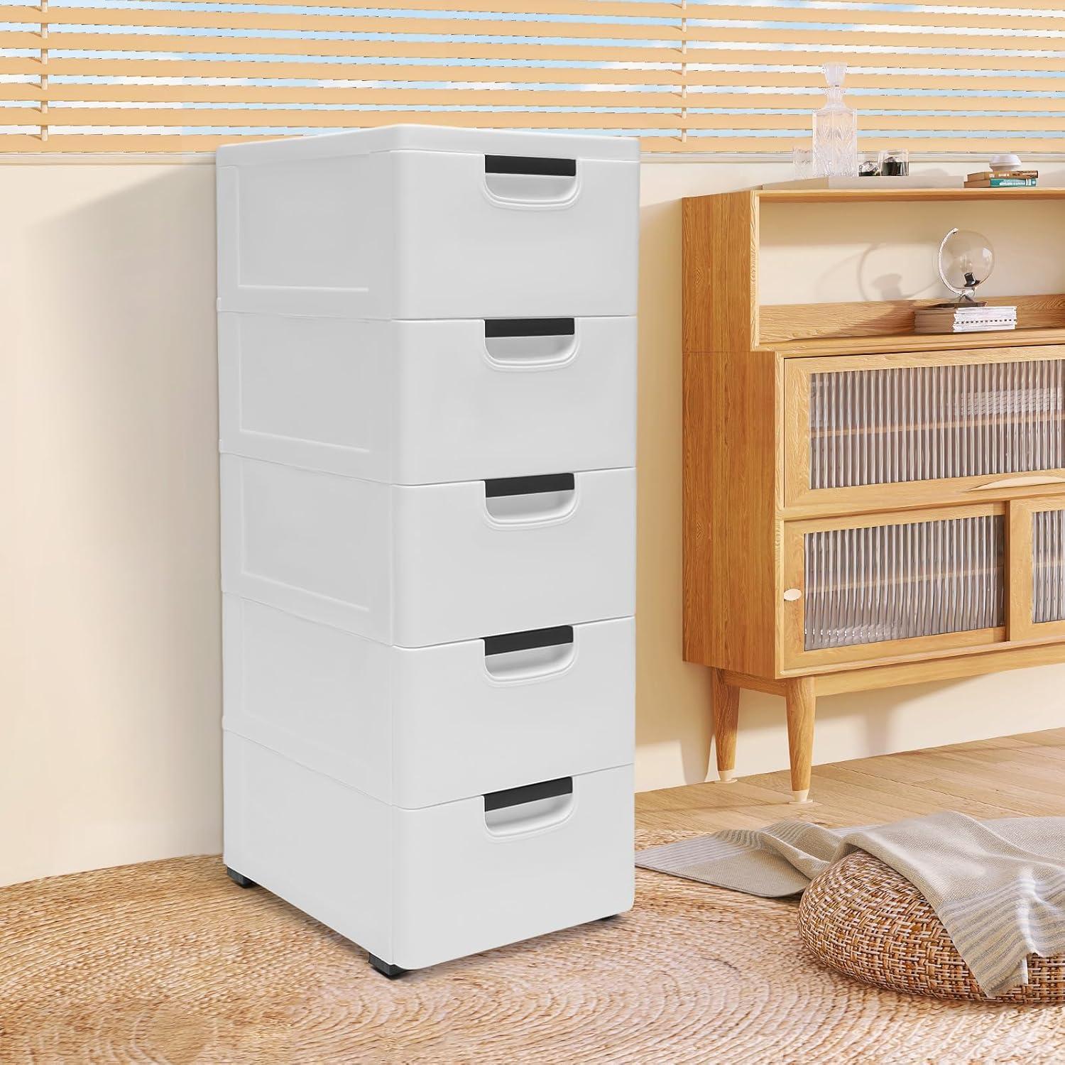 TOOL1SHOoo Plastic Drawers Dresser Storage Cabinet, 5 Drawer Stackable Vertical Clothes Storage Tower, Bedroom Tall Small Chest Closet, Organizer Unit for Hallway Entryway, Home Furniture