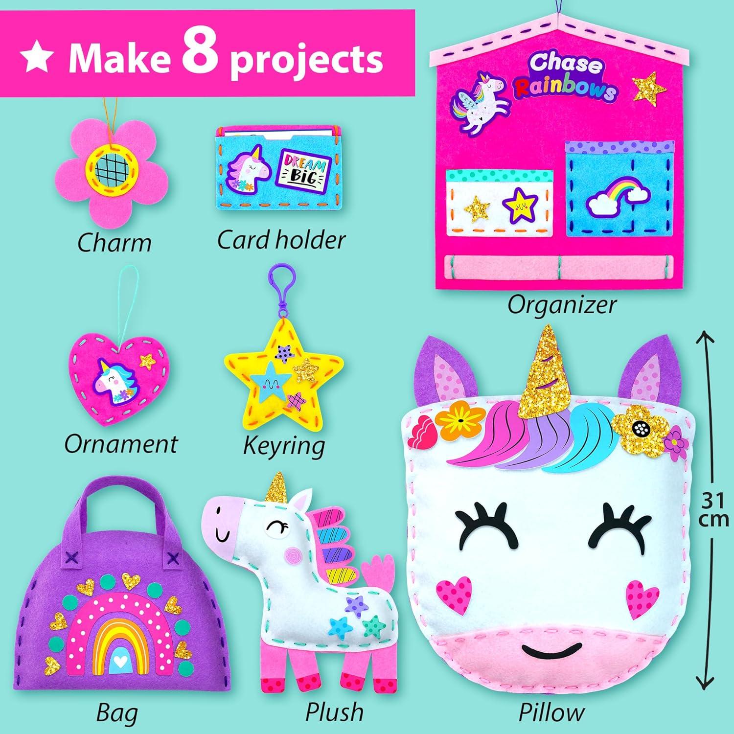 KRAFUN My First Unicorn Kids Sewing kit, Beginner Arts & Crafts, Make 8 Cute Projects with Plush Stuffed Animal, Pillow, Mobile, Keyring and Bag, Instructions & Felt for Learn Sewing, Embroidery