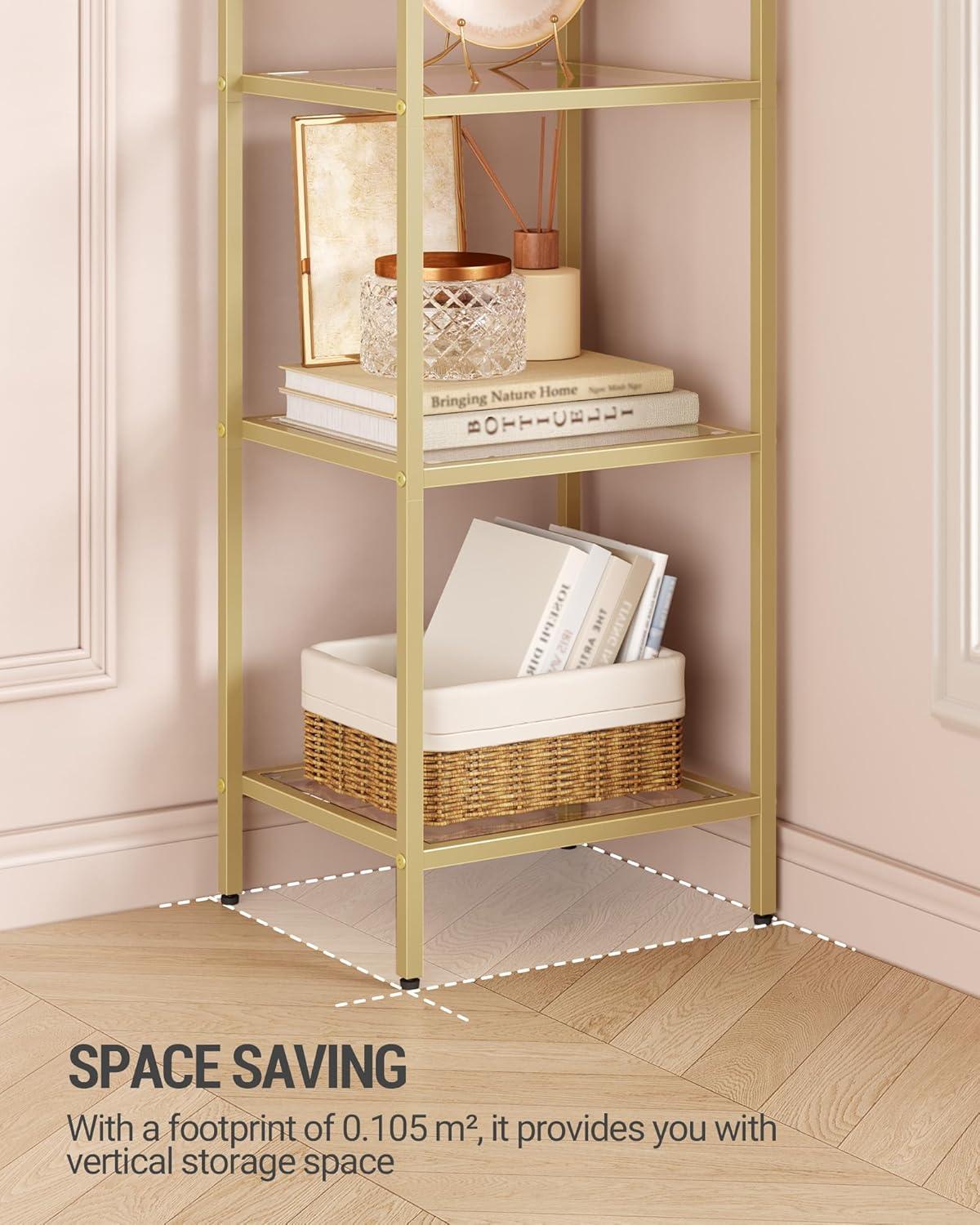 Mercer41 Bookcase Bookshelf, Tempered Glass Arched Bookshelf For More Storage, Slim Shelving Unit For Bedroom, Bathroom, Home Office, Steel Frame, 6 Tier Gold