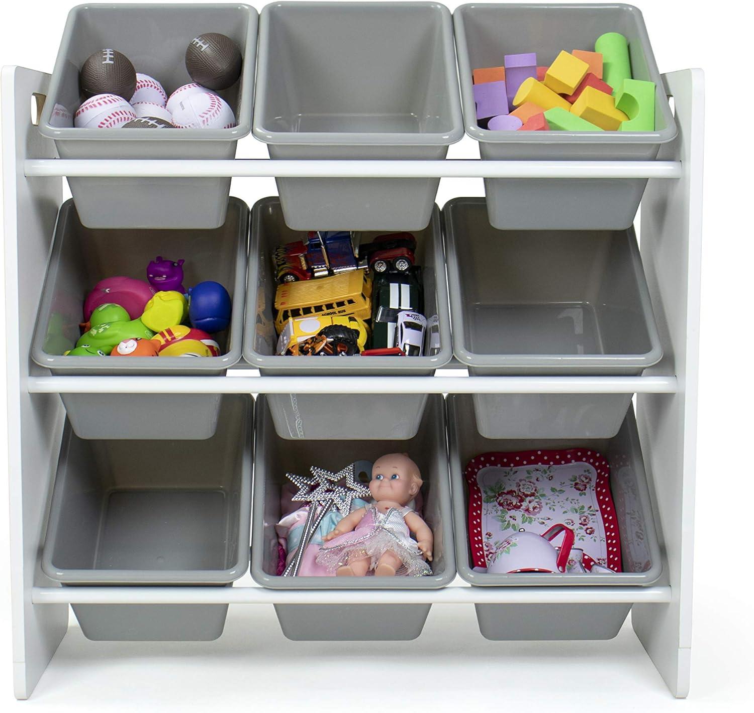 Humble Crew Explorer Toy Storage Organizer with 9 Plastic Storage Bins, White/Grey