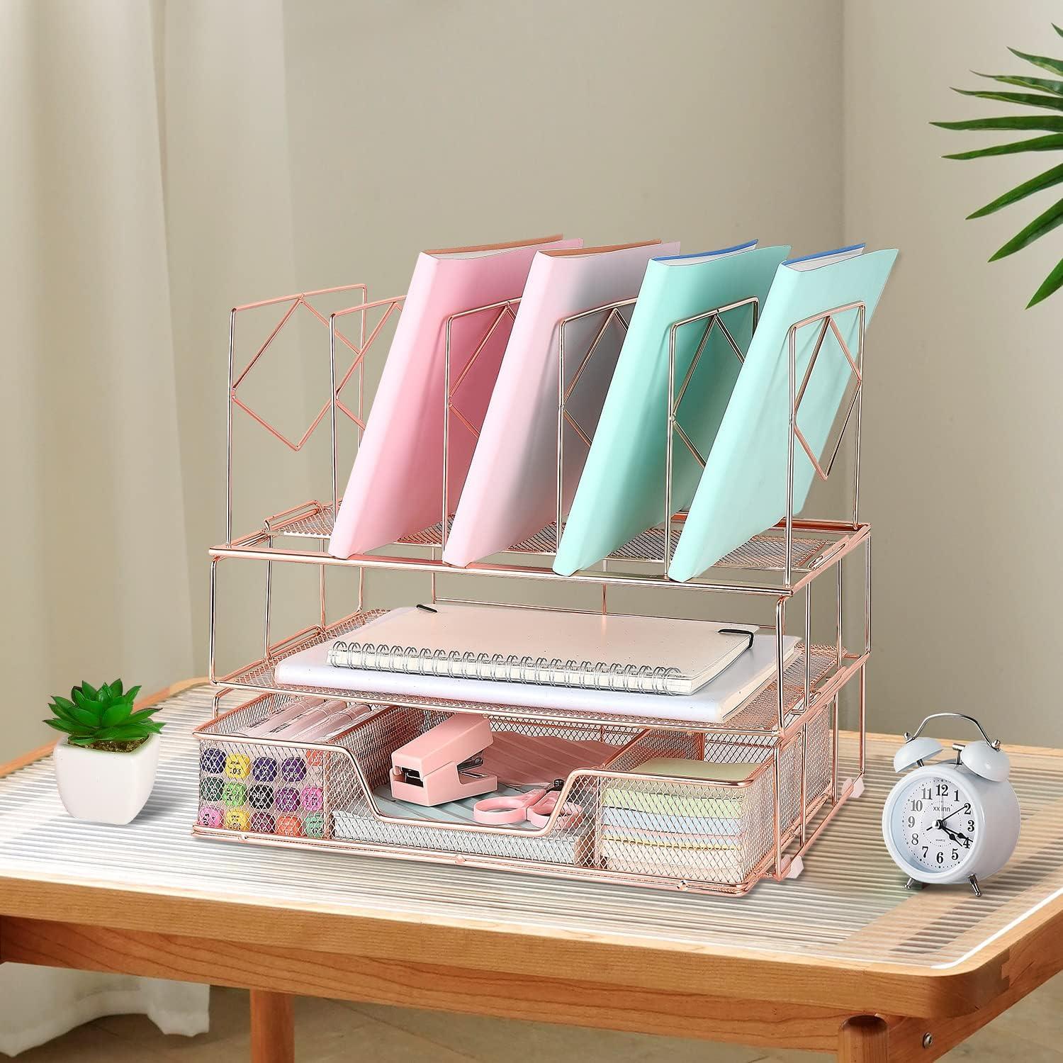 Elegant Desk Organizer "Rose Gold" Sliding Drawer 5 Upright File Sorter Office Supplies