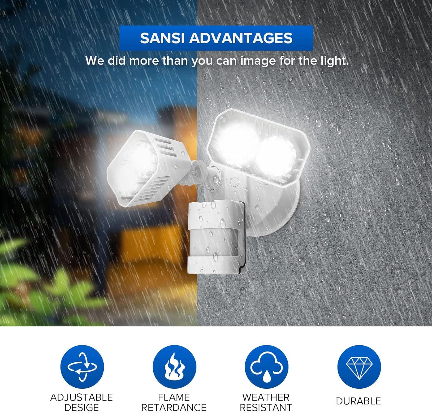 SANSI LED Security Lights, 18W (150Watt Incandescent Equiv.) Motion Sensor Lights, 1800lm 5000K Daylight Waterproof Outdoor Floodlights with Adjustable Dual-Head, White
