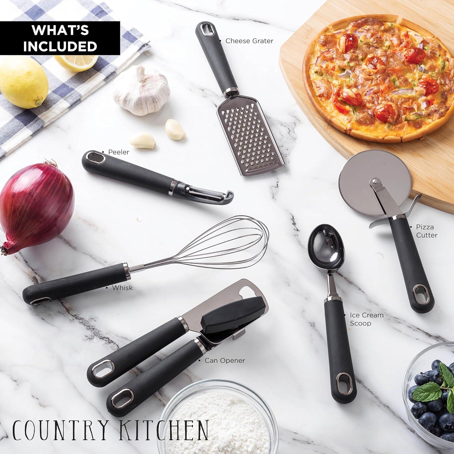 Country Kitchen Juego de Utensilios de Cocina de Acero Inoxidable de 6 Piezas, Negro