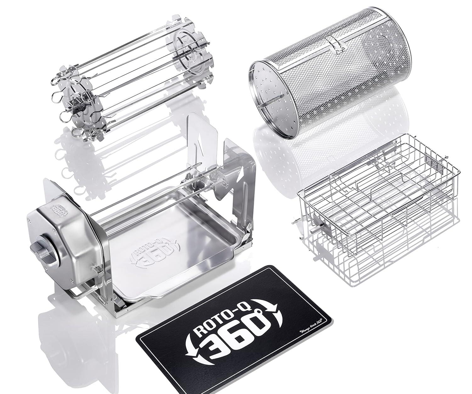 ROTO-Q 360 Family Bundle - Cordless Rotisserie Kit for Grills, Ovens, Smokers - Non-Electric Spit Roaster - Indoor/Outdoor BBQ - Stainless Steel Construction - includes Rotisserie Attachments