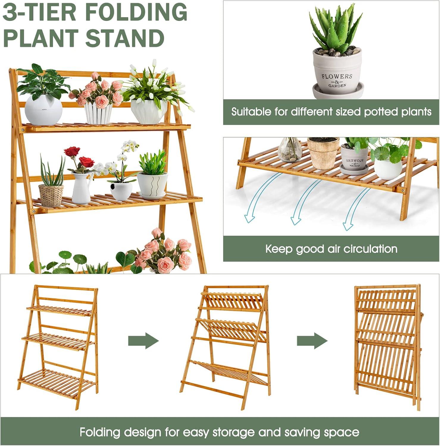 Costway Bamboo Ladder Plant Stand 3-Tier Foldable Flower Pot Display Shelf Rack Natural