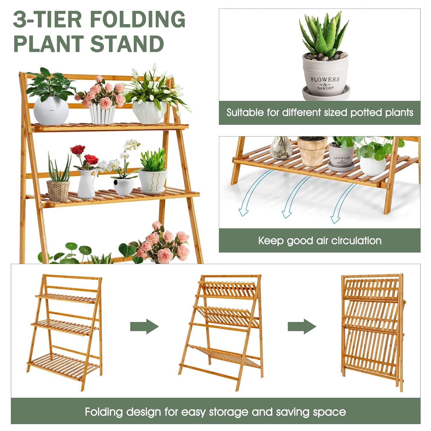 Costway Bamboo Ladder Plant Stand 3-Tier Foldable Flower Pot Display Shelf Rack Natural