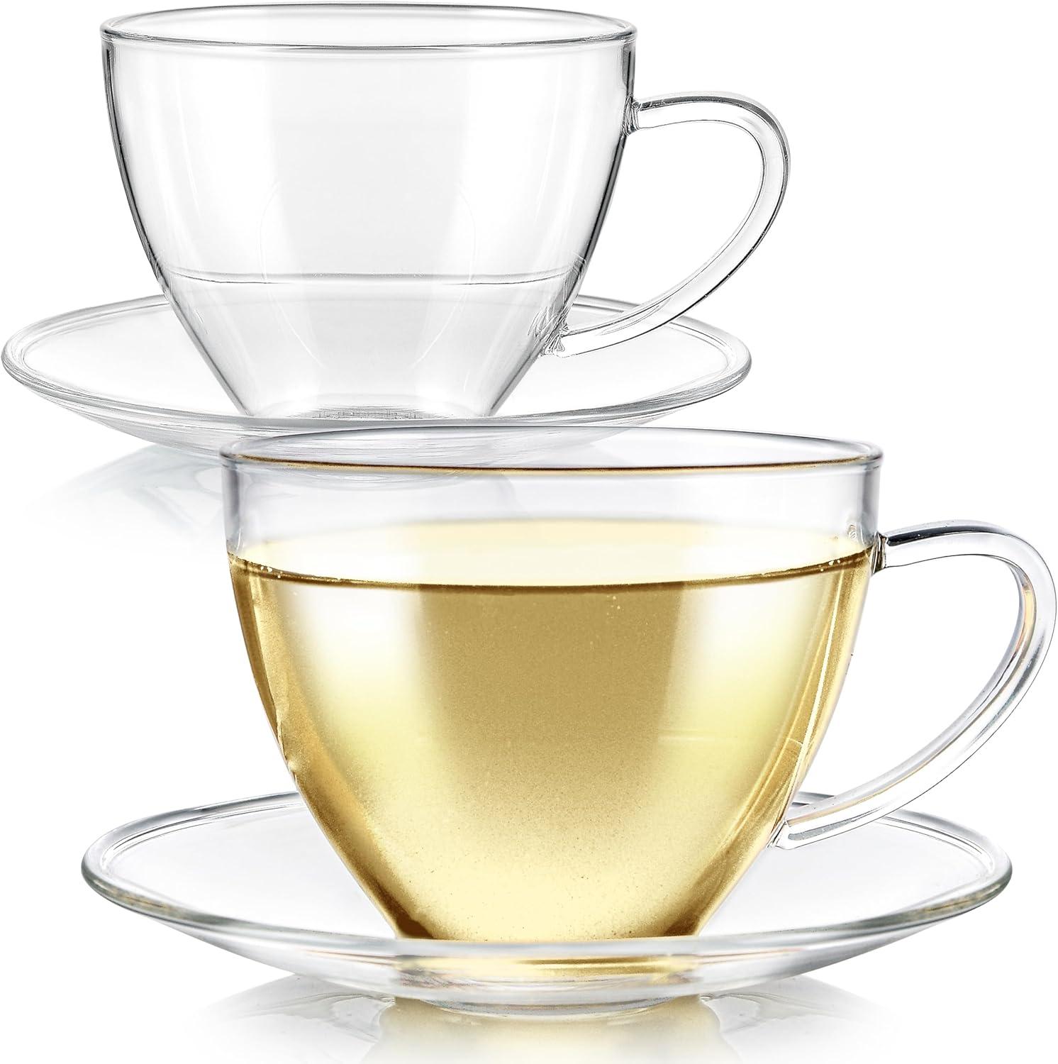 Small Clear Glass Teacup and Saucer Set, 8 oz