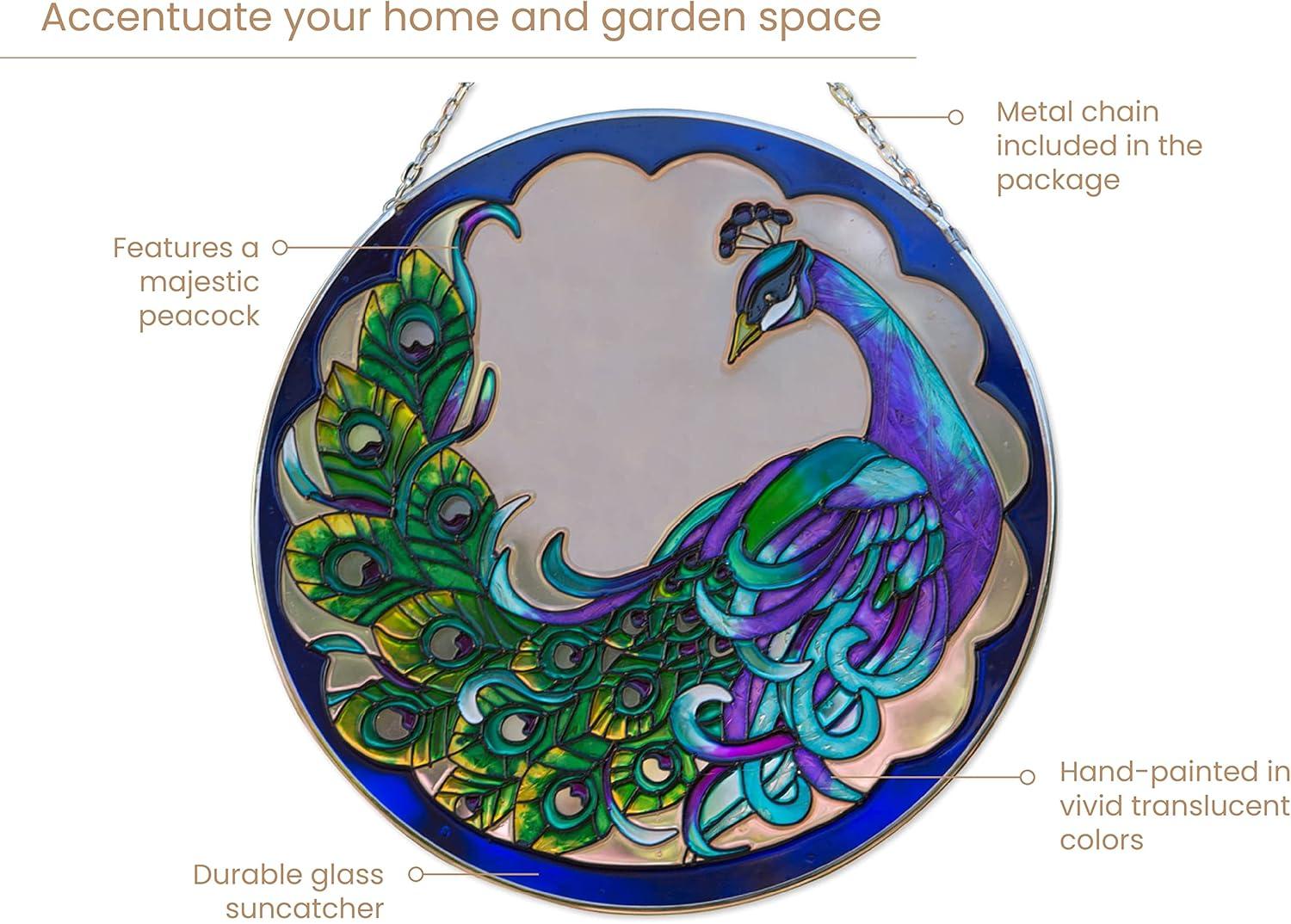 Bits and Pieces - 9⅞” Peacock Art Glass Suncatcher - Majestic Peacock - Patio Decor - Indoor/Outdoor Decoration