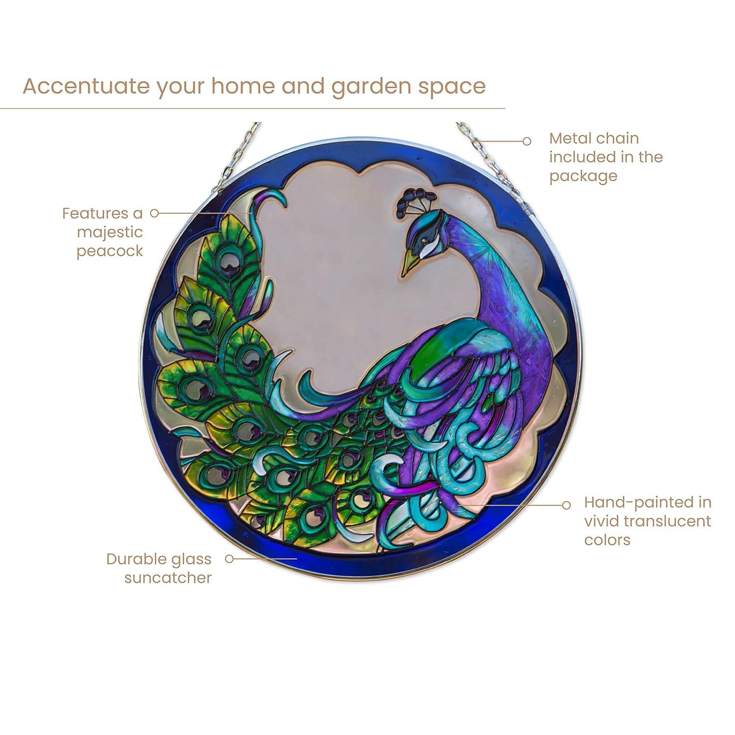 Bits and Pieces - 9⅞” Peacock Art Glass Suncatcher - Majestic Peacock - Patio Decor - Indoor/Outdoor Decoration