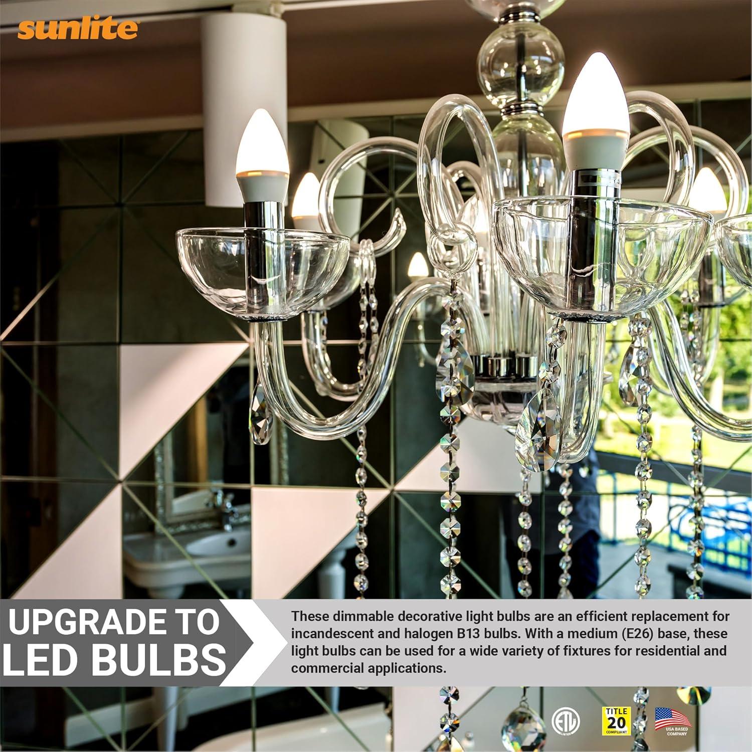 Sunlite LED B13 Decorative Chandelier Light Bulb, 7 Watts (60W=), 500 Lumens, 120 Volts, Dimmable, E26 Base,  90 CRI, ETL Listed, Torpedo Frosted, Title-20, 4000K Cool White, 6 Pack
