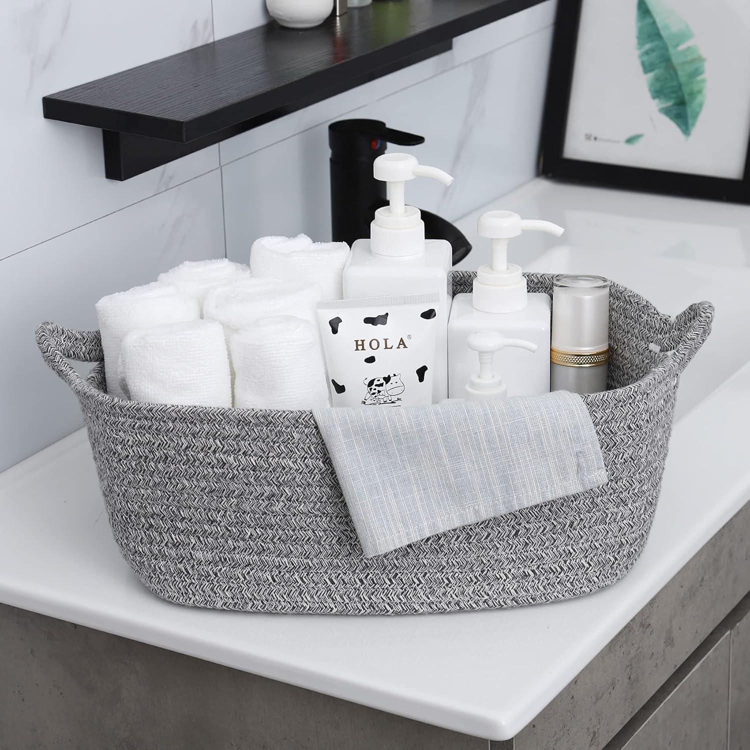 ABenkle Rope Storage Basket, 14.2''x 11''x 5.1'' Cotton Woven Dog Cat Toy Bins, Cube Soft Baskets with Handles, Decorative Shelves Closet Organizing for Nursery Laundry Bedroom Bathroom