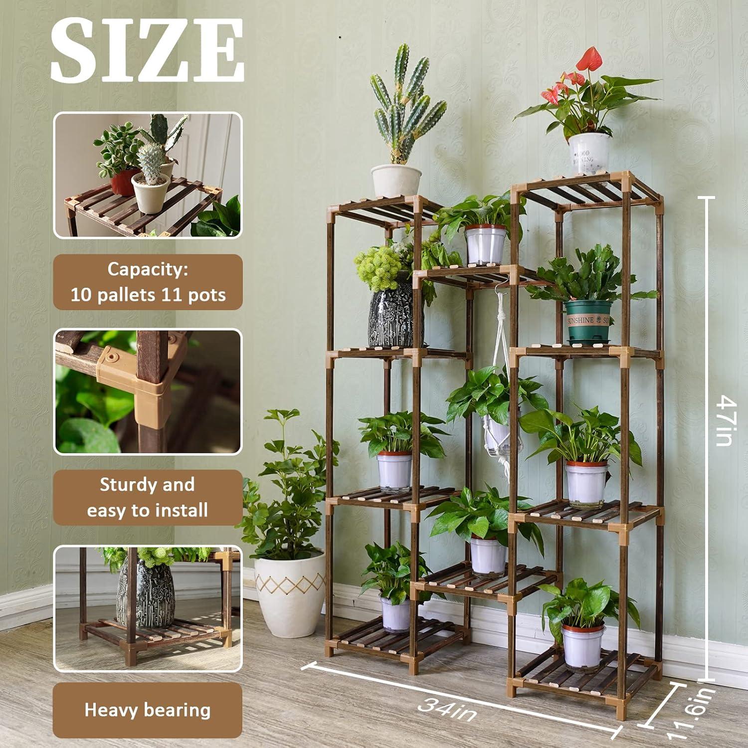 Uneedem Plant Stand Indoor Outdoor, Tall Plant Shelf for Multiple Plants, 10 tiers 11 Pot Large Plant Rack Wood Plant Holder Plant Shelves for Room Corner Balcony Garden Patio C49