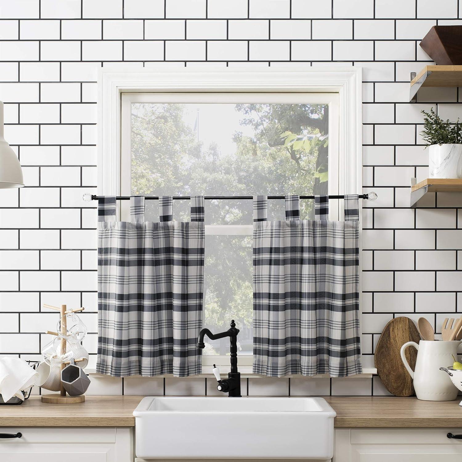 No. 918 Blair Farmhouse Plaid Semi-Sheer Tab Top Kitchen Curtains, 52"x36", Coal