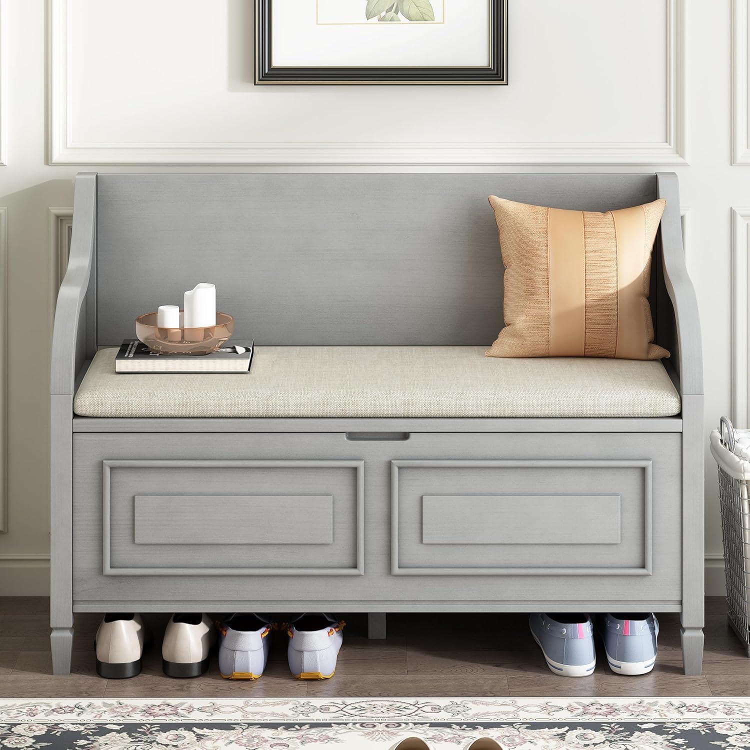 Flip-Top Storage Chest with Wood Legs, Entryway Shoe Storage Bench with Safety Hinge and Comfy Removable Foam Top, Accent Furniture, Gray Wash