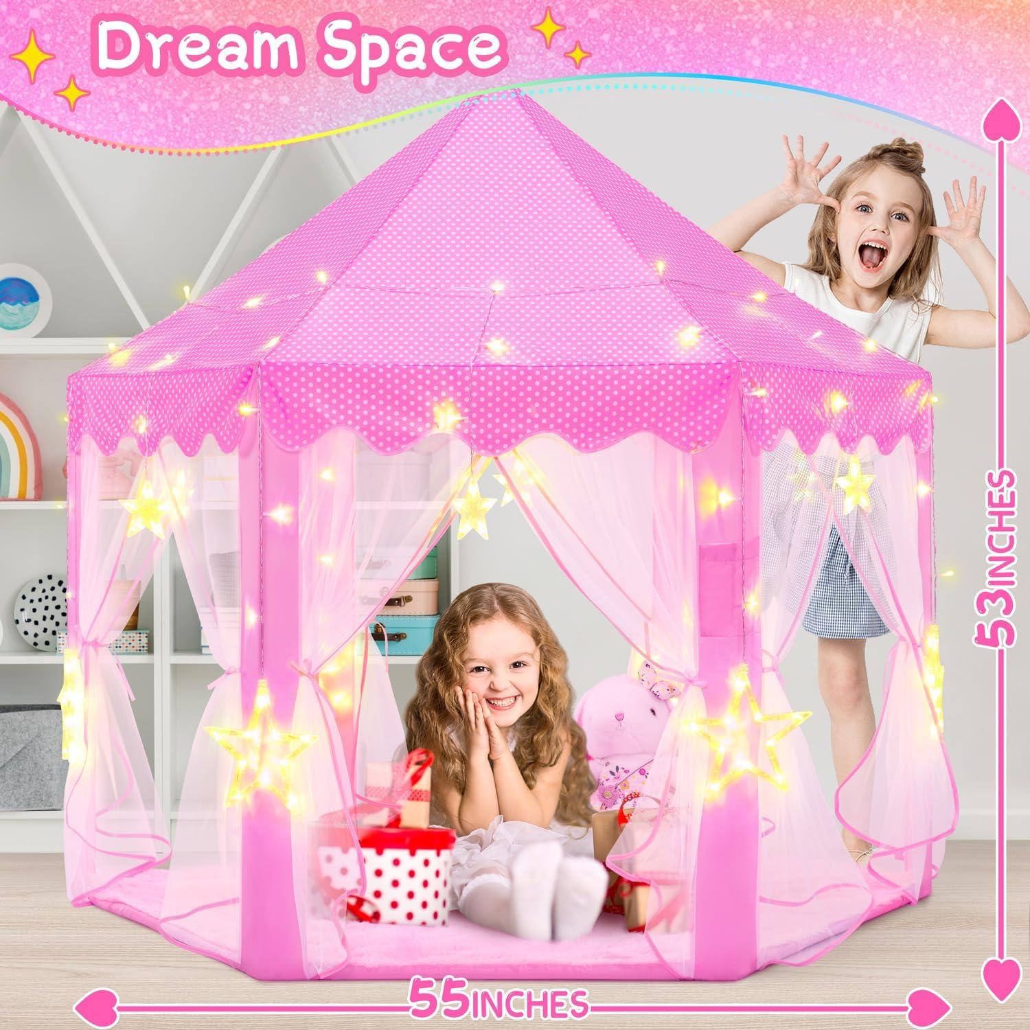 EVOIONOS Princess Tent for Girls, Kids Play Tent with LED Star Lights, Castle Playhouse for Children Indoor Outdoor Games, 55X53 inches, Pink