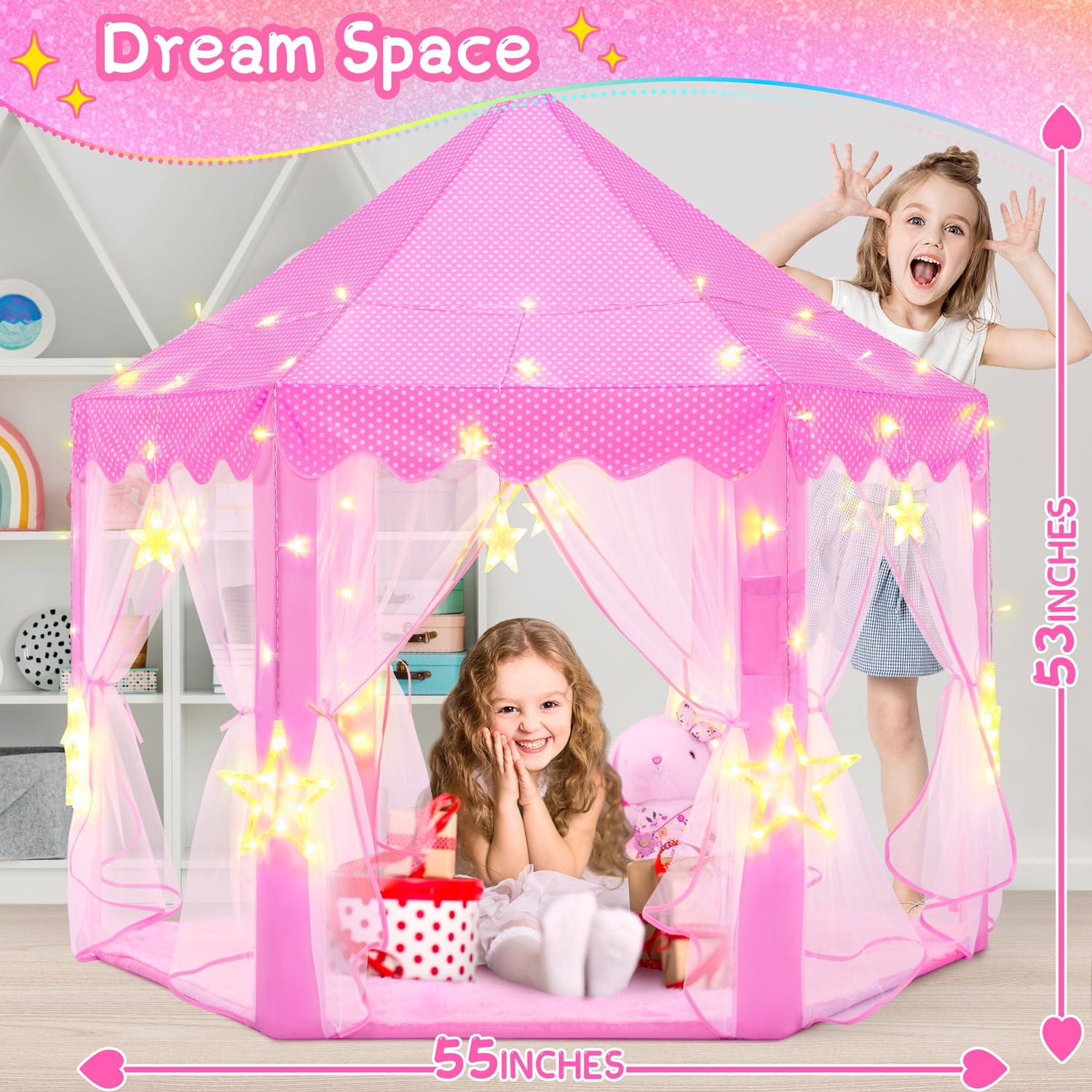 EVOIONOS Princess Tent for Girls, Kids Play Tent with LED Star Lights, Castle Playhouse for Children Indoor Outdoor Games, 55X53 inches, Pink
