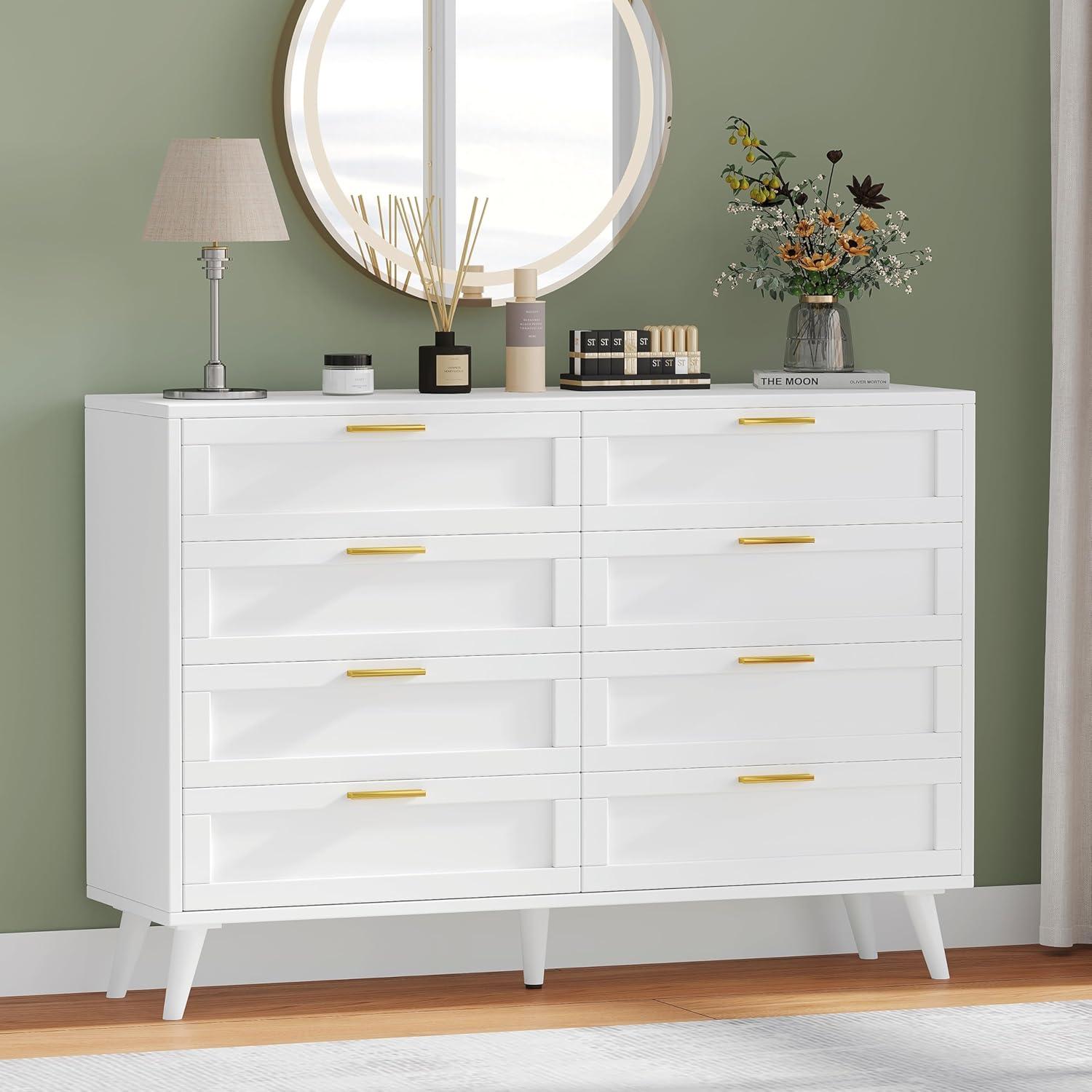 White 8-Drawer Double Dresser with Golden Handles