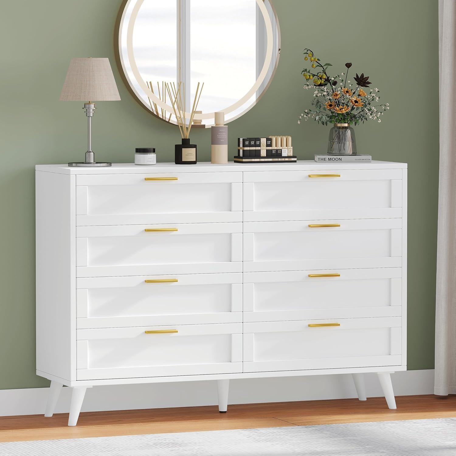 Rovaurx 8 Drawer Double Dresser Chest, Bedroom Chest of Dressers, Beside Table, White