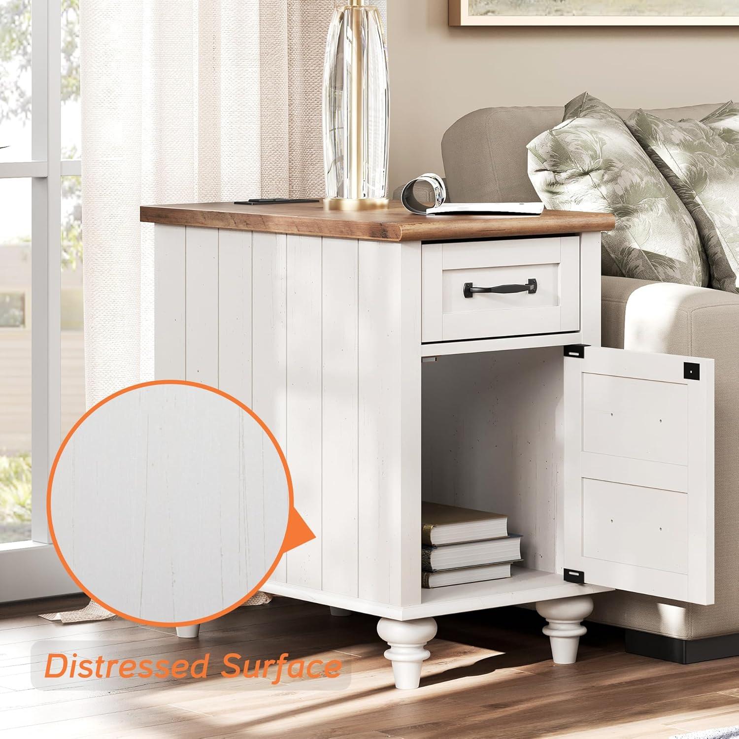 WAMPAT 2 Pack End Tables with Charging Station, Farmhouse Side Table with Drawer & Storage Cabinet, White Nightstand with Power Outlets & USB Ports for Living Room, Bedroom