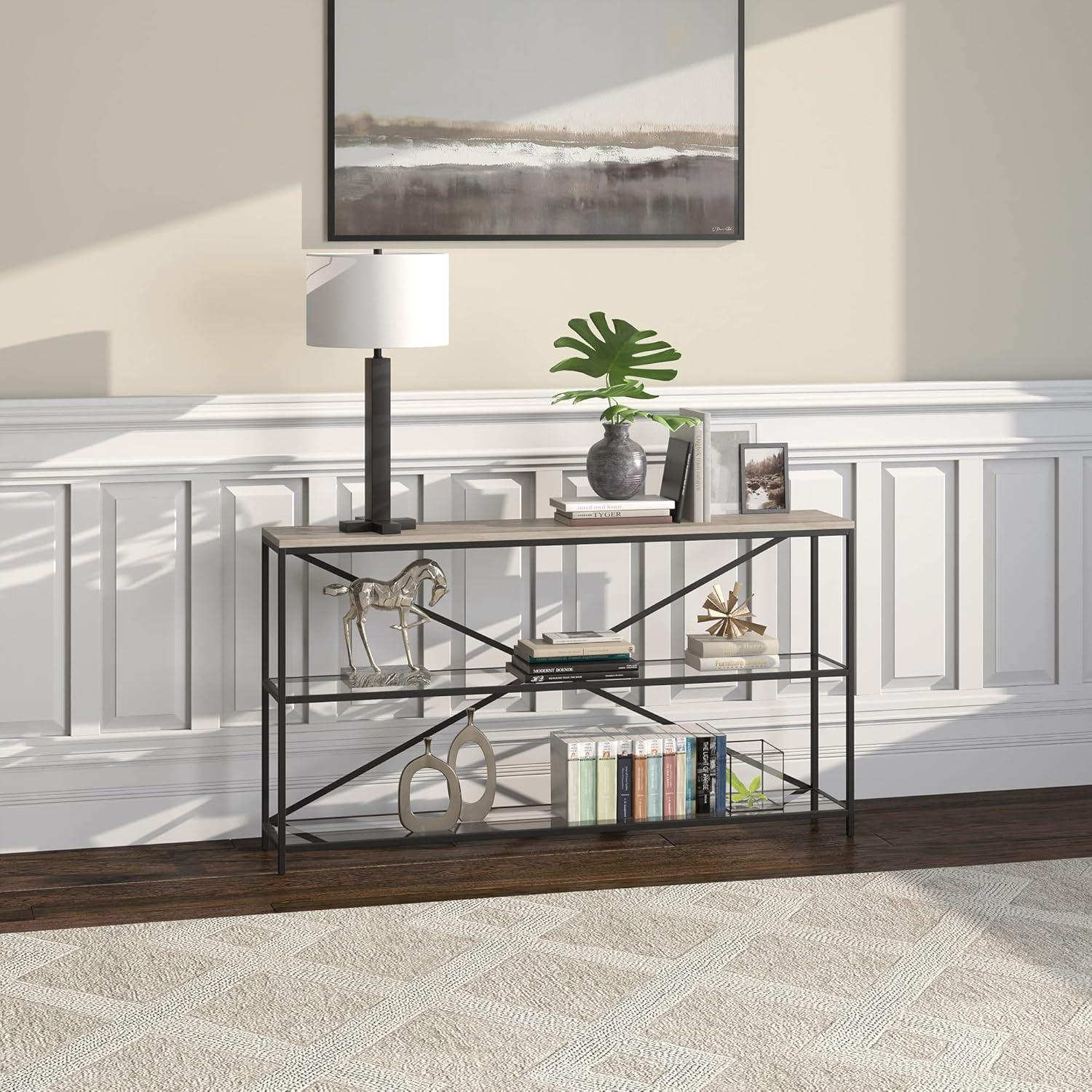 Evelyn&Zoe Fionn 55" Wide Rectangular Console Table, Blackened Bronze/Antiqued Gray Oak