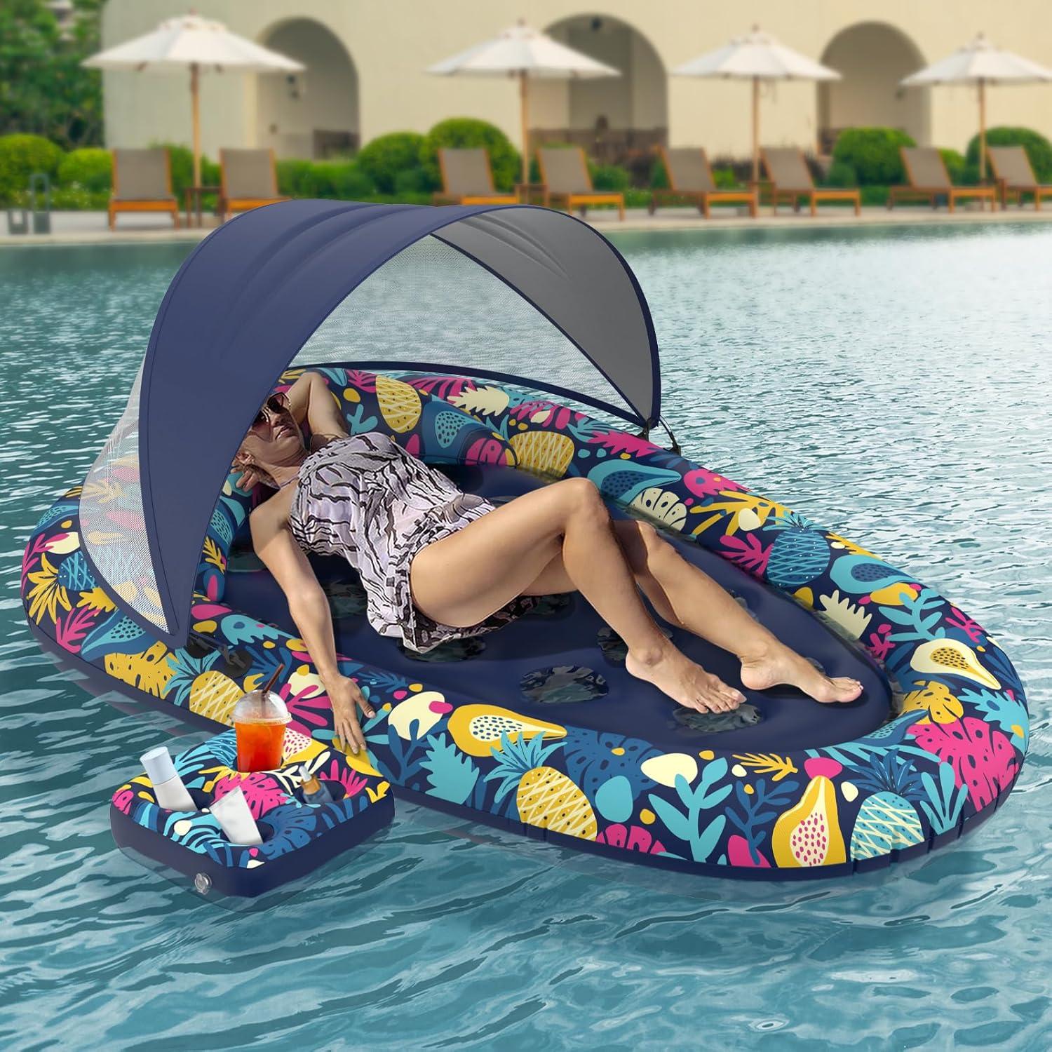 3-in-1 Pool Floats with Canopy Cup Holder, XL Large 73" x 48" Inflatable Pool Floats for Adults Lounger Raft Floating Chair for Swimming Pool Lake Water Lounge Float Beach Pool Party Toys