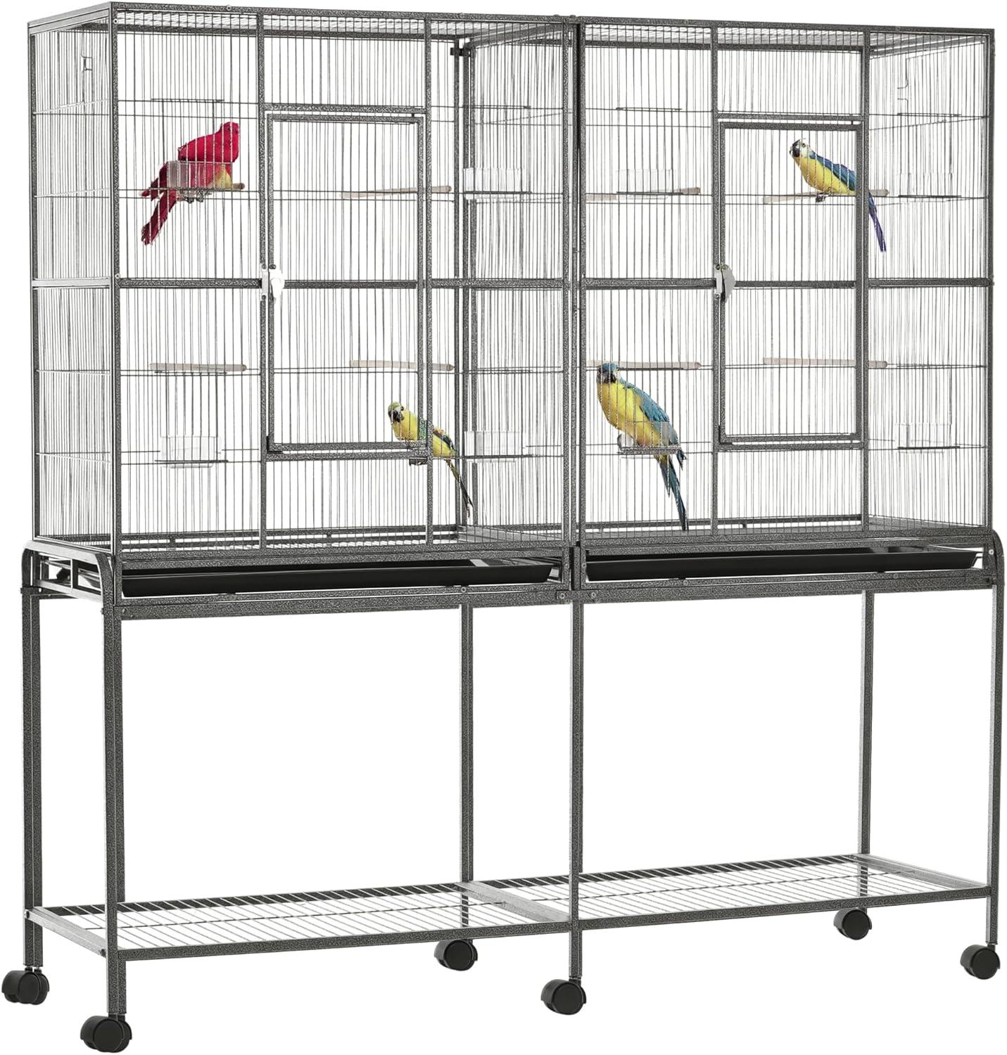 Pawhut 65" Double Rolling Metal Bird Cage Feeder With Detachable Rolling Stand, Storage Shelf, Wood Perch & Food Container