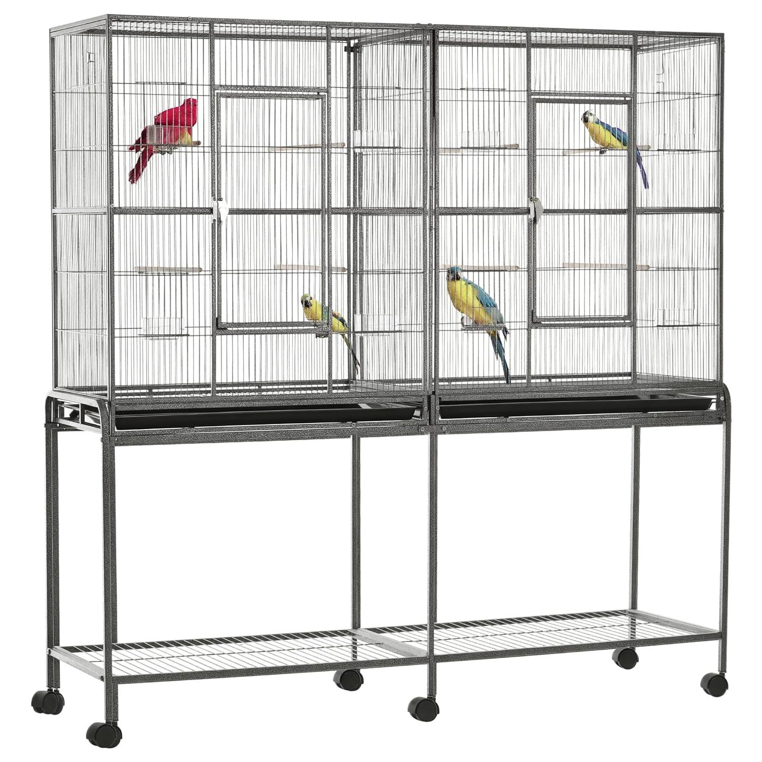 Pawhut 65" Double Rolling Metal Bird Cage Feeder With Detachable Rolling Stand, Storage Shelf, Wood Perch & Food Container
