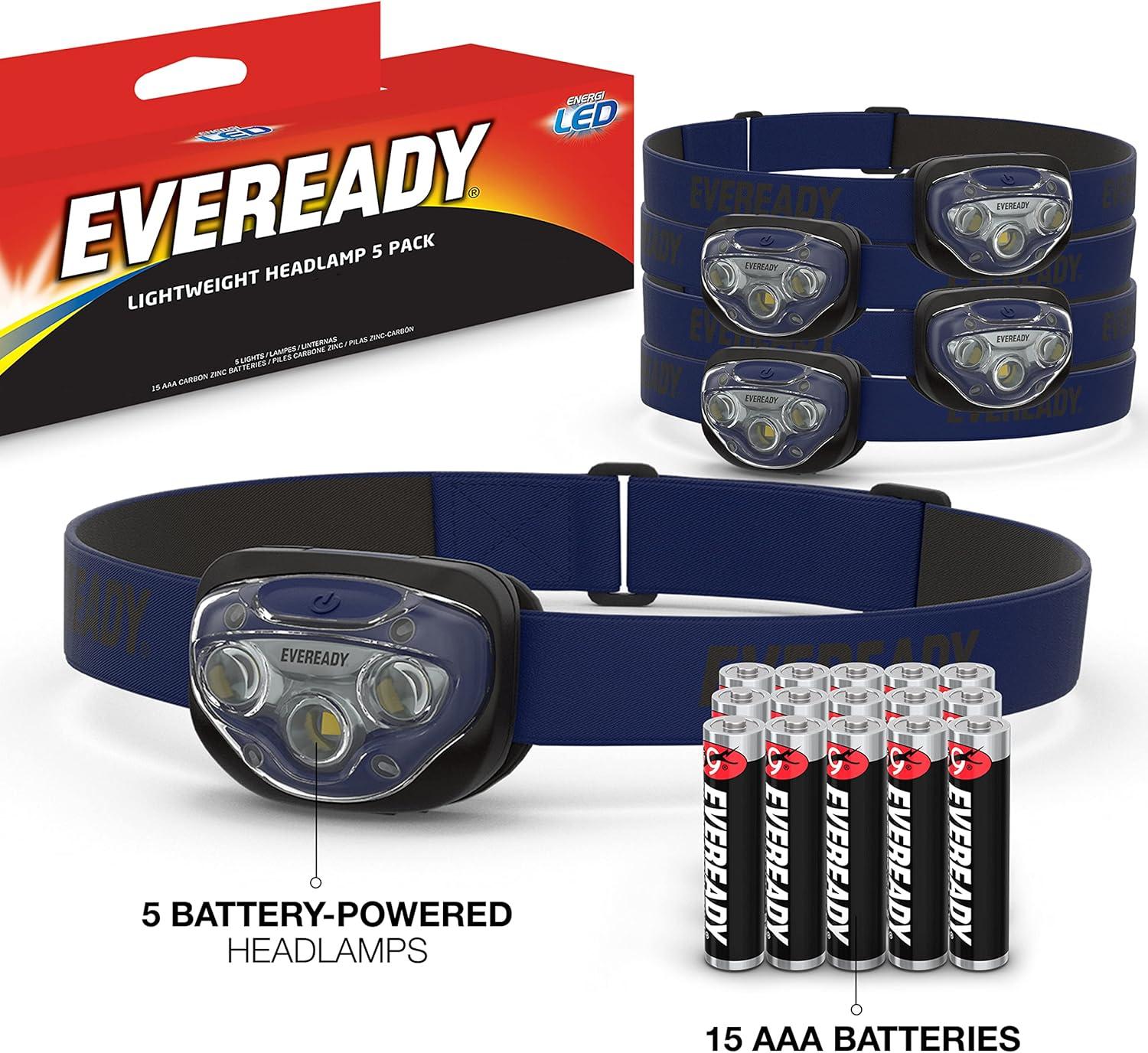 EVEREADY LED Headlamps Pro200 [5-Pack], IPX4 Water Resistant, Bright and Durable Head Lights for Camping, Hiking, Emergency Power Outage (Batteries Included)