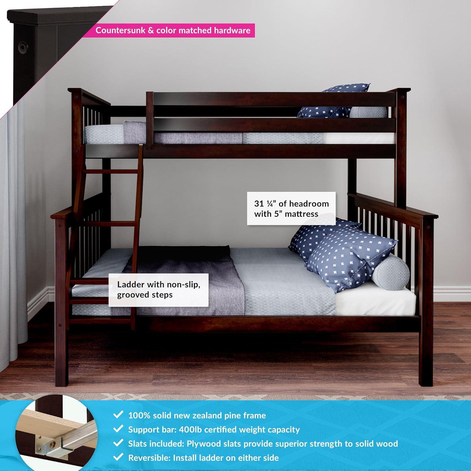 Max & Lily Bunk Bed Twin over Full Size, Solid Wood Bunk Beds with Ladder for Kids