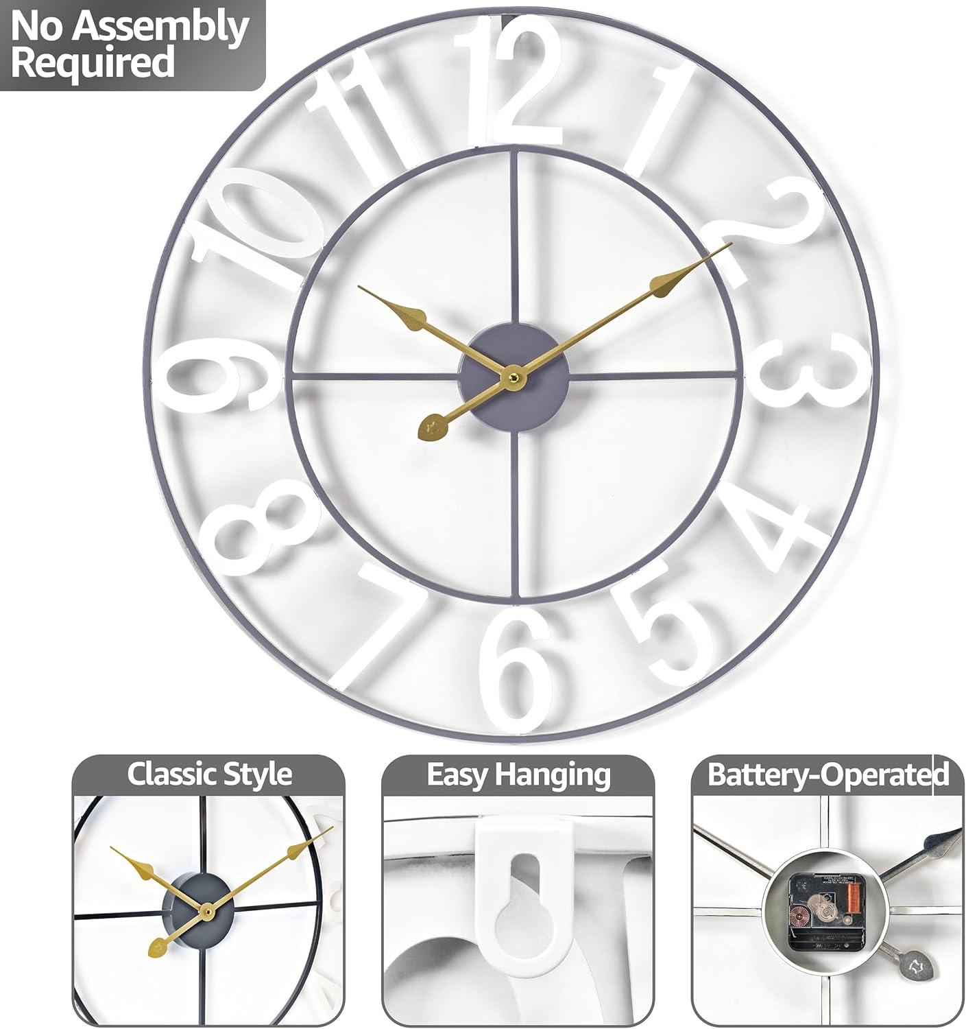 Sorbus Large Metal Numerical Wall Clock for Living Room Decor (White, 24" Diameter)