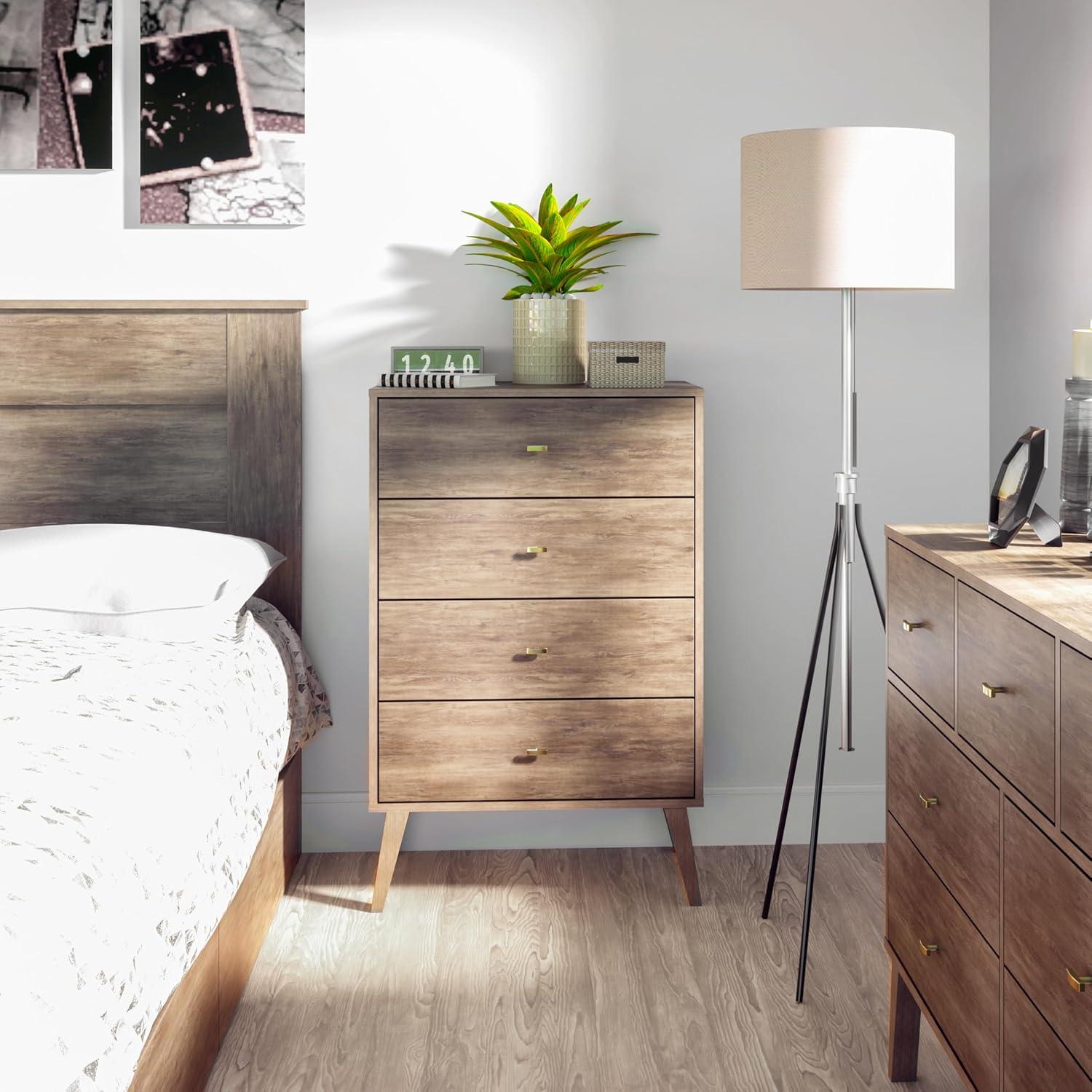 Mid-Century Modern 4 Drawer Chest Drifted Gray - Prepac: Sleek Bedroom Storage, Brass Knobs