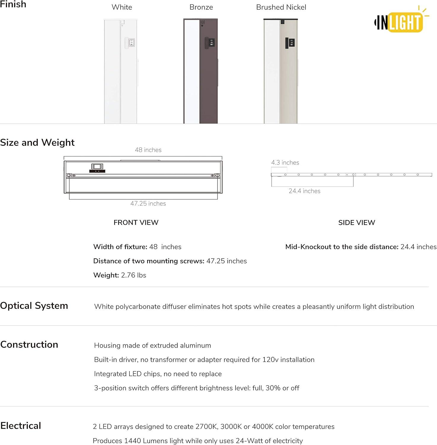 Inlight 3 Color Levels LED 48" Under Cabinet Light Bar