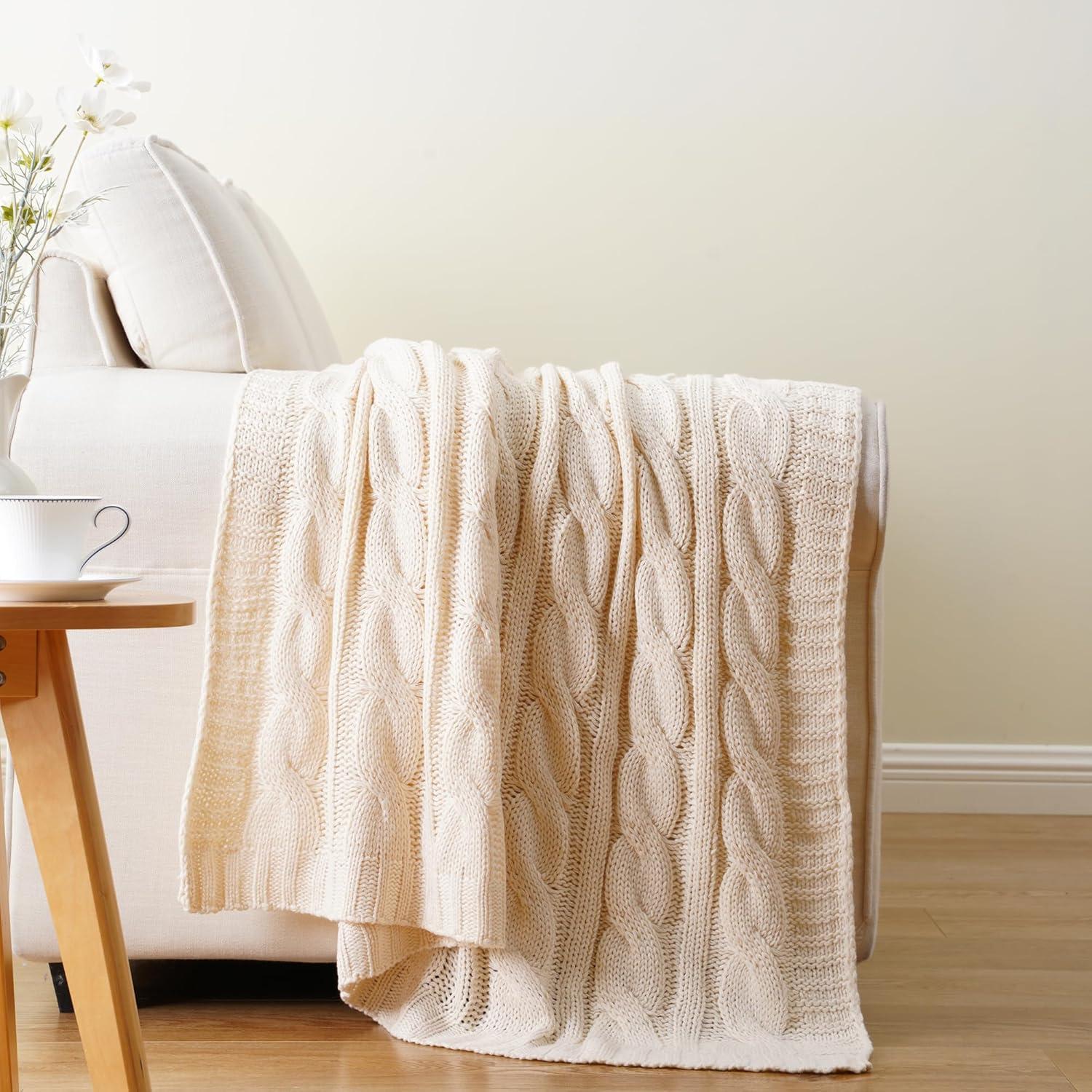 Battilo Cream Cable Knit Blankets, White Herringbone Decorative Knitted Throw,Housewarming Gifts,50"x60"