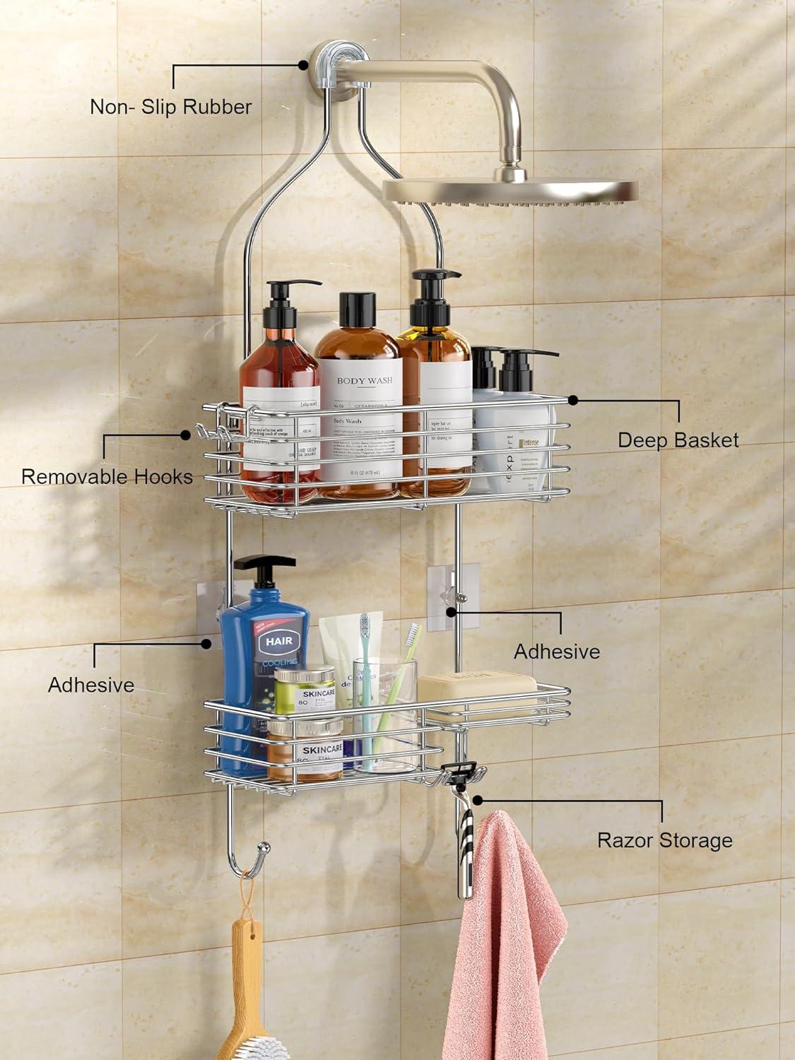 SMARTAKE Hanging Shower Head Caddy, Rustproof Bathroom Shower Room Shelf Organizer, SUS201 Stainless Steel Over The Shower Storage Rack, for Toilet, Silver