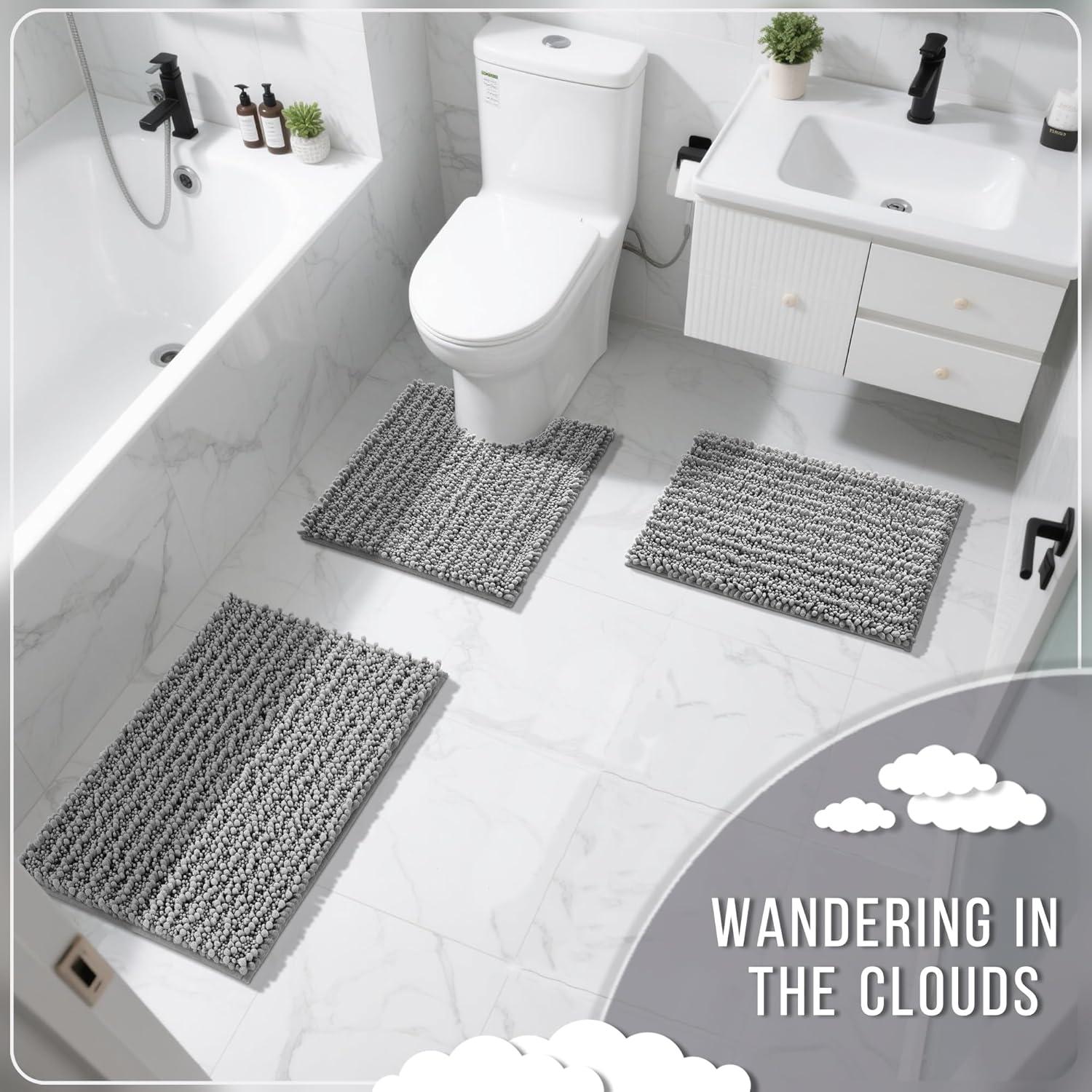 CHENHAINAN Bathroom Rug Mat, 24'' x 17'', Luxury Chenille Shaggy Bath Rugs, Extra Soft & Thick, Absorbent Water, Non-Slip, Machine Washable, Bath Mats for Bath Floor,Tub and Shower, Gray