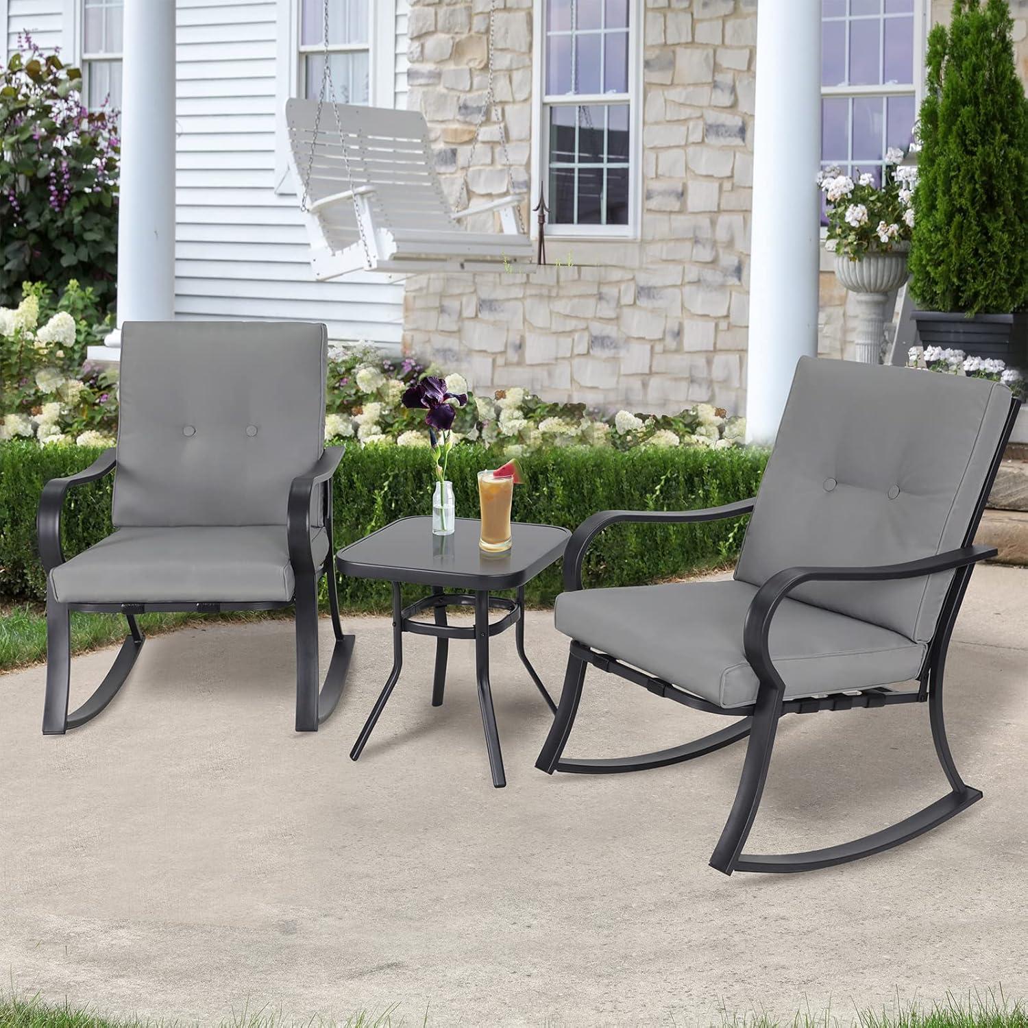 Crownland Outdoor Rocking Chairs Patio Furniture 3 Piece Patio Set Bistro Table Set Black Iron with Thickened Cushions and Glass Coffee Table, Grey