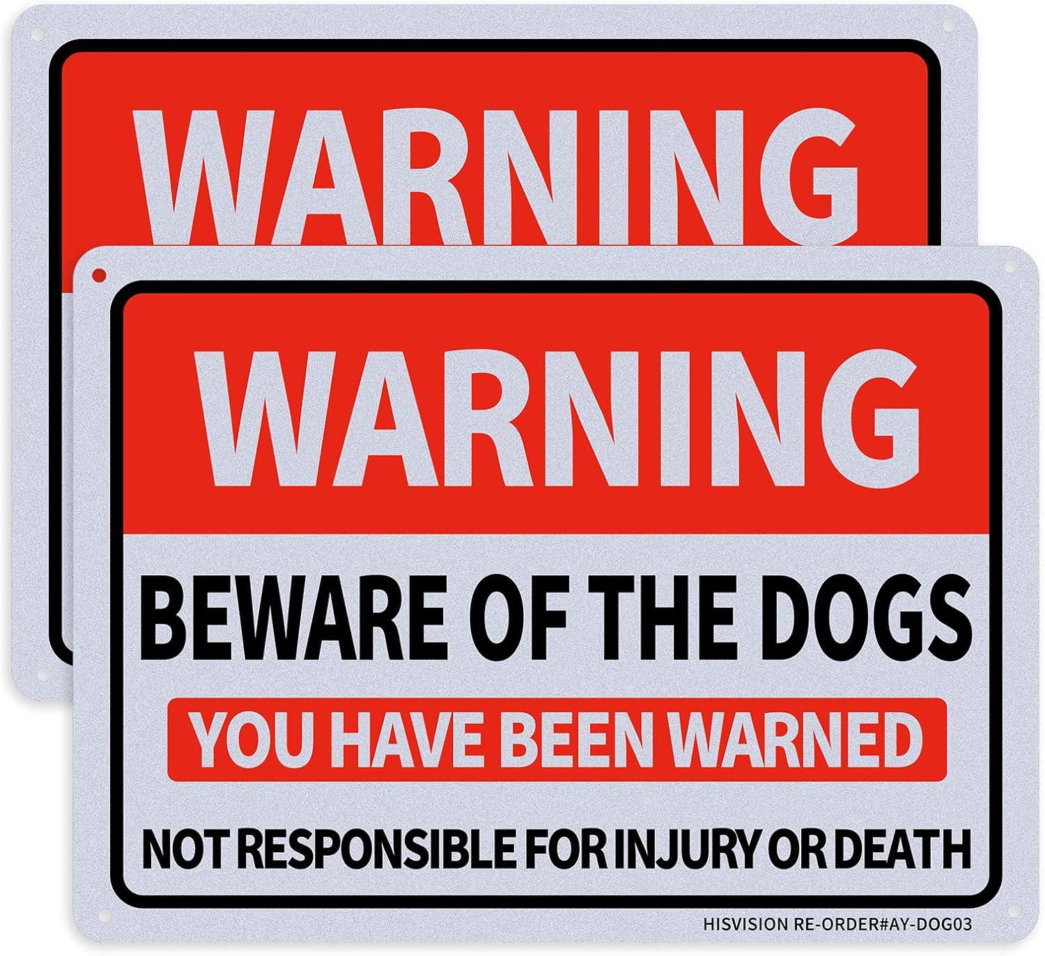 2Pack Beware of Dog Sign, You Have Been Warned No Responsible for Injury or Death - Indoor/Outdoor Fence Use - Metal Aluminum Rust Free | 7" x 9.8" Pre-Drilled Holes, Fade Resistant, Weatherproof