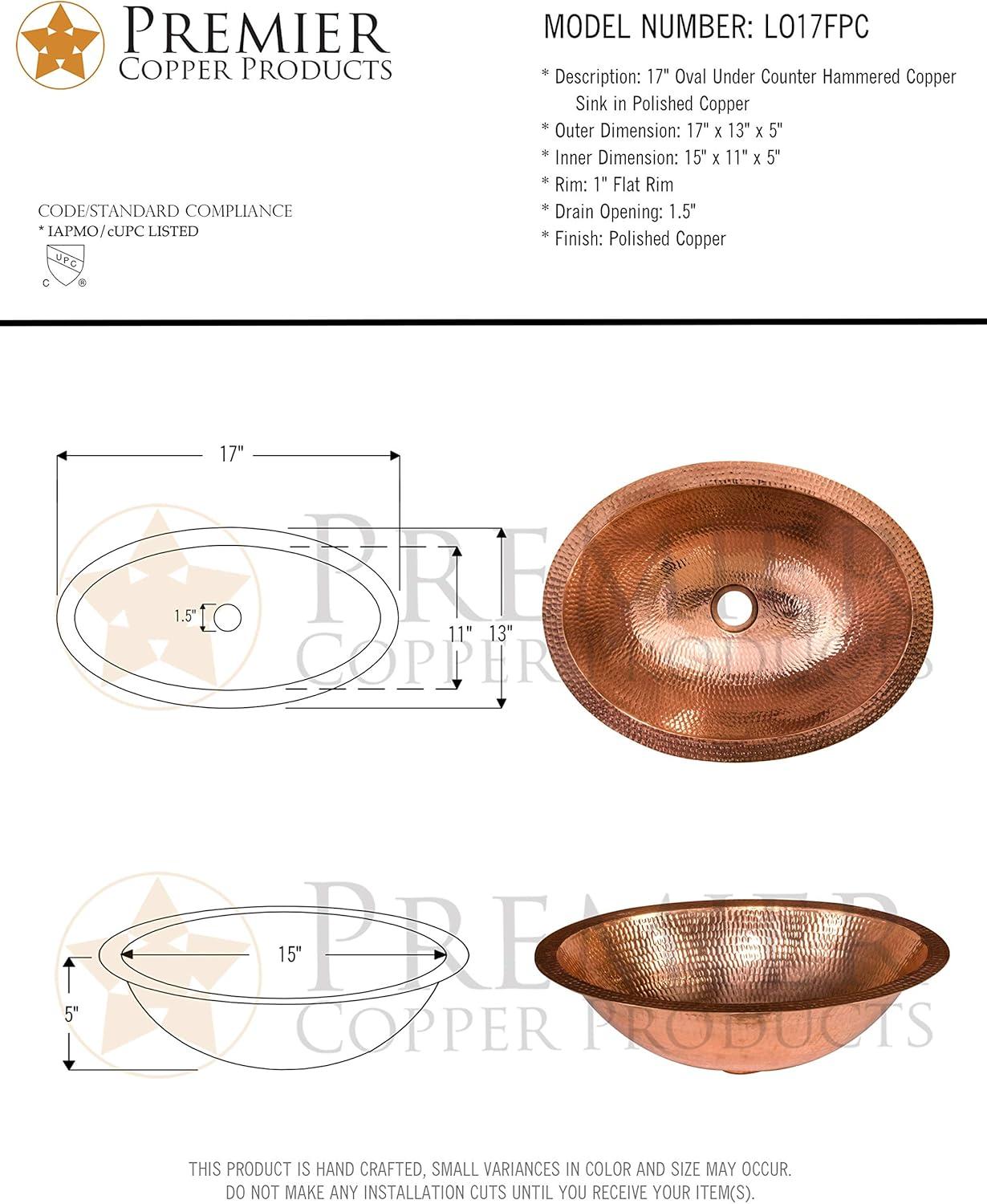 17" Oval Under Counter Hammered Copper Bathroom Sink