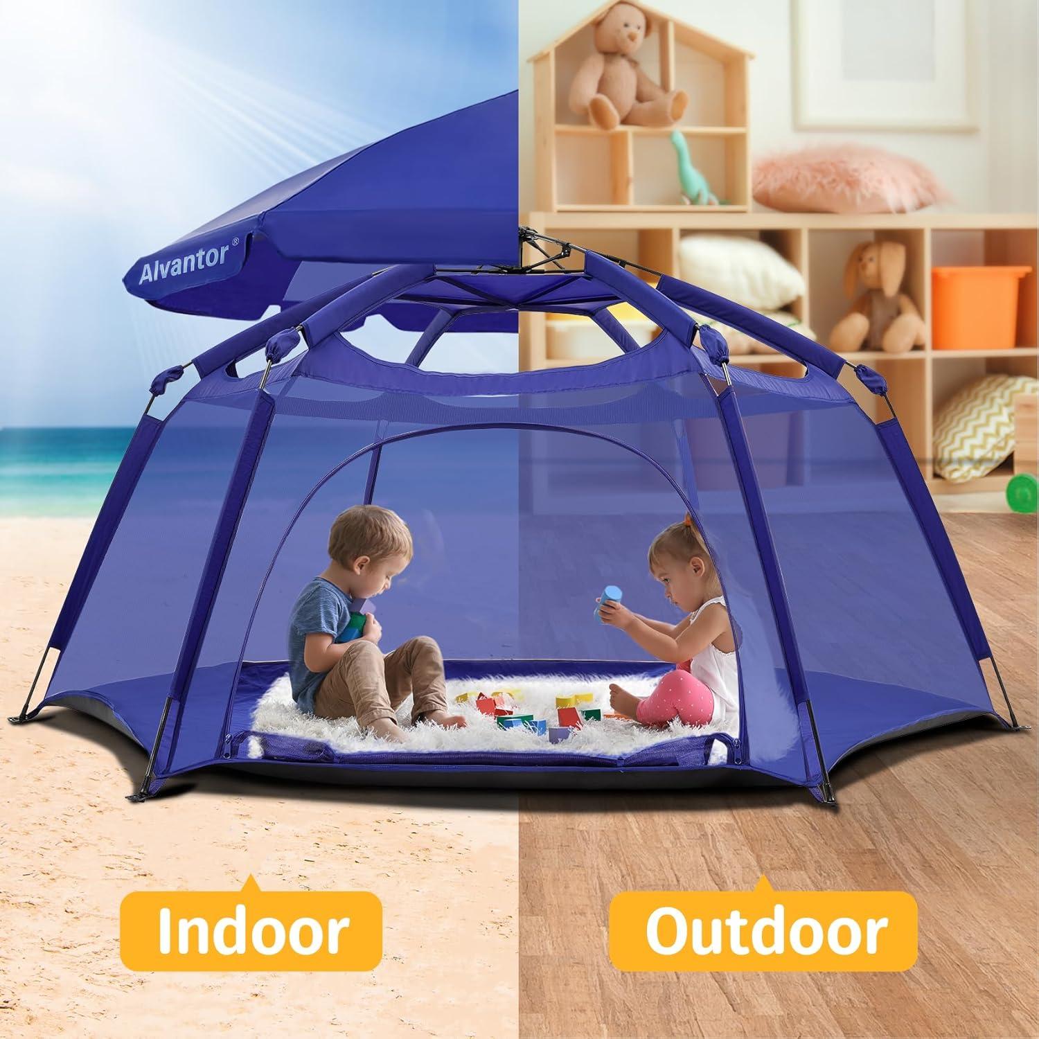 Alvantor Playpen Play Yard Space Canopy Fence Pin 6 Panel Popup Foldable and Portable Lightweight Safe Indoor Outdoor Infants Babies Toddlers Kids 7?x7?x44? Navy